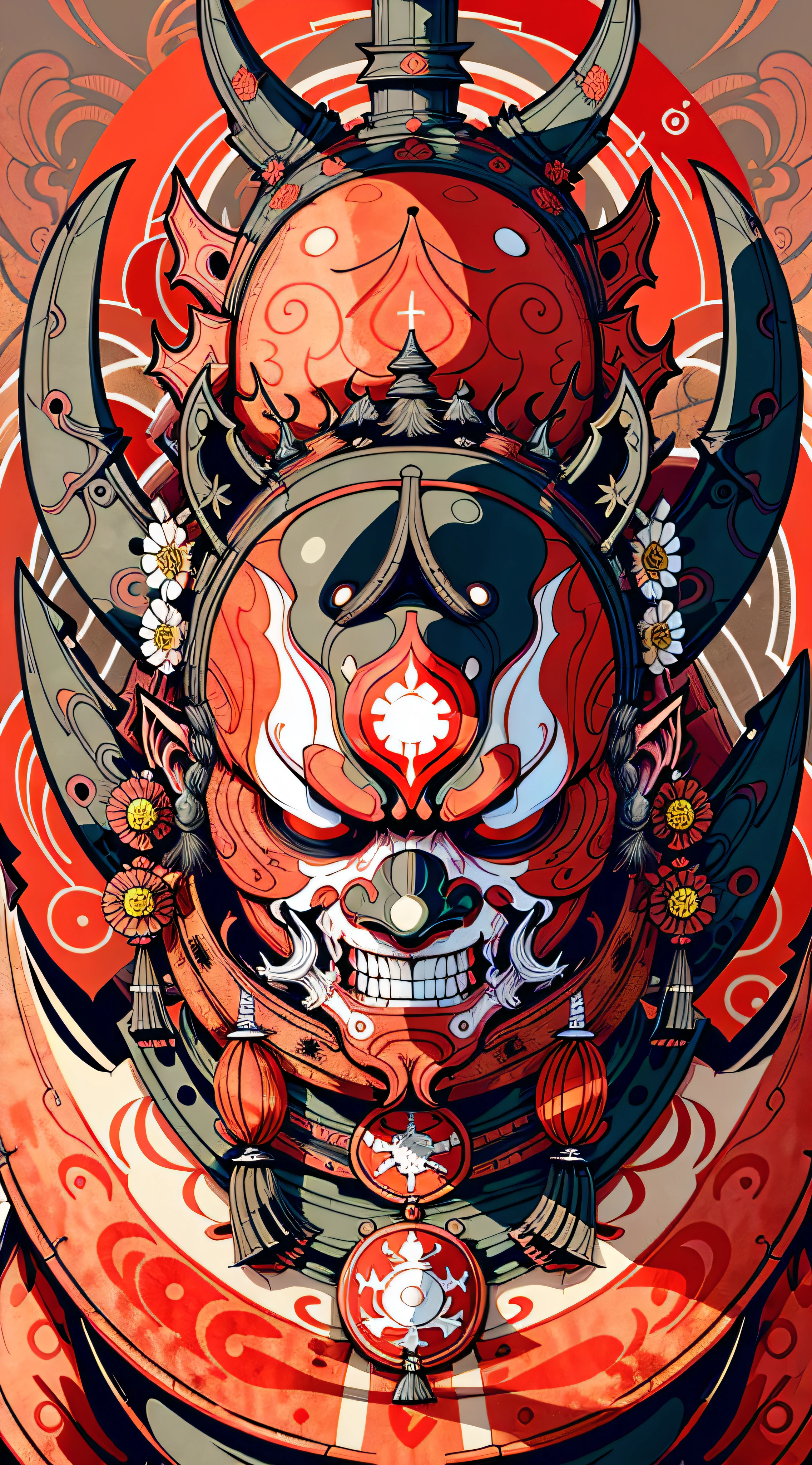 Portrait mask, illustrator, vector illustration, masterpiece, high quality, 8k, high resolution, high detail, japanese, onmyoji, (panru: 1.2), horror, evil, close-up, facing the audience, japanese pattern background