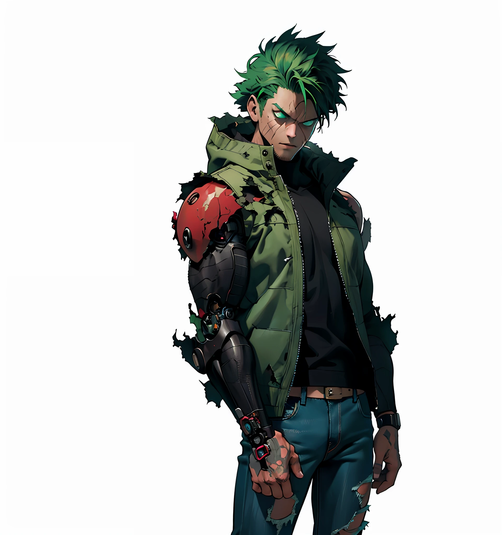 8k, 4k, (highres:1.1), (best,great,amazing quality), (masterpiece:1.3), menacing zombie, mutant, cyborg, green hair, stapled scars, stitched skin, screws in flesh, patchwork skin, cyborg, male, shirtless, torn black hooded jacket, torn blue jeans, robotic arm