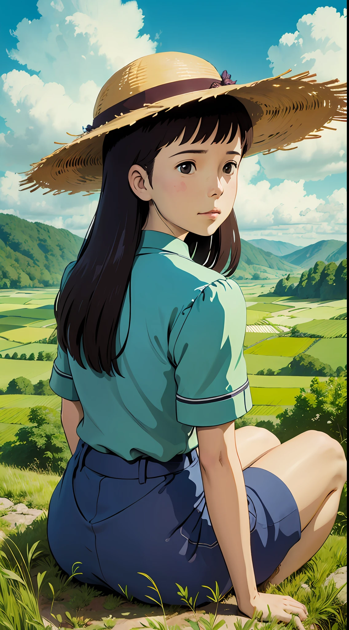 Girl in straw hat sitting with her back to her in a wheat field,high detal,Large clouds、blue-sky、Rice fields,There are neat rice seedlings in the field,ln the forest,hillside,Quiet,Rustic