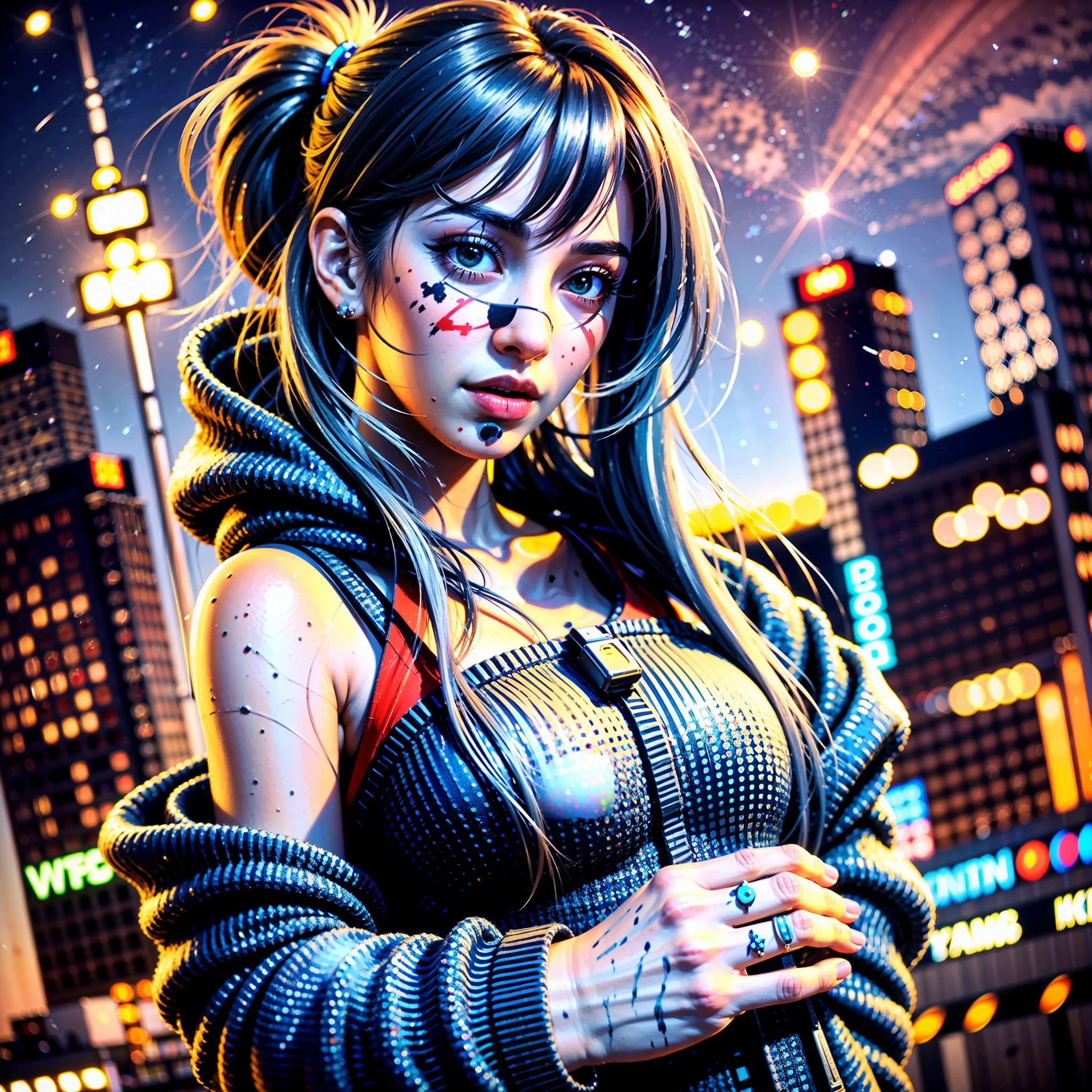 (masterpiece), best quality, ultra high res,little girl, cyberpunk 1girl flying above stunning cityscape ,hoodie,blue hair, neon color shooting stars, very long hair, off shoulder, feather hair ornament, neon colors, flashes, stunning night sky, cinematic lighting, photorealistic, realistic skin, HDR,fisheye