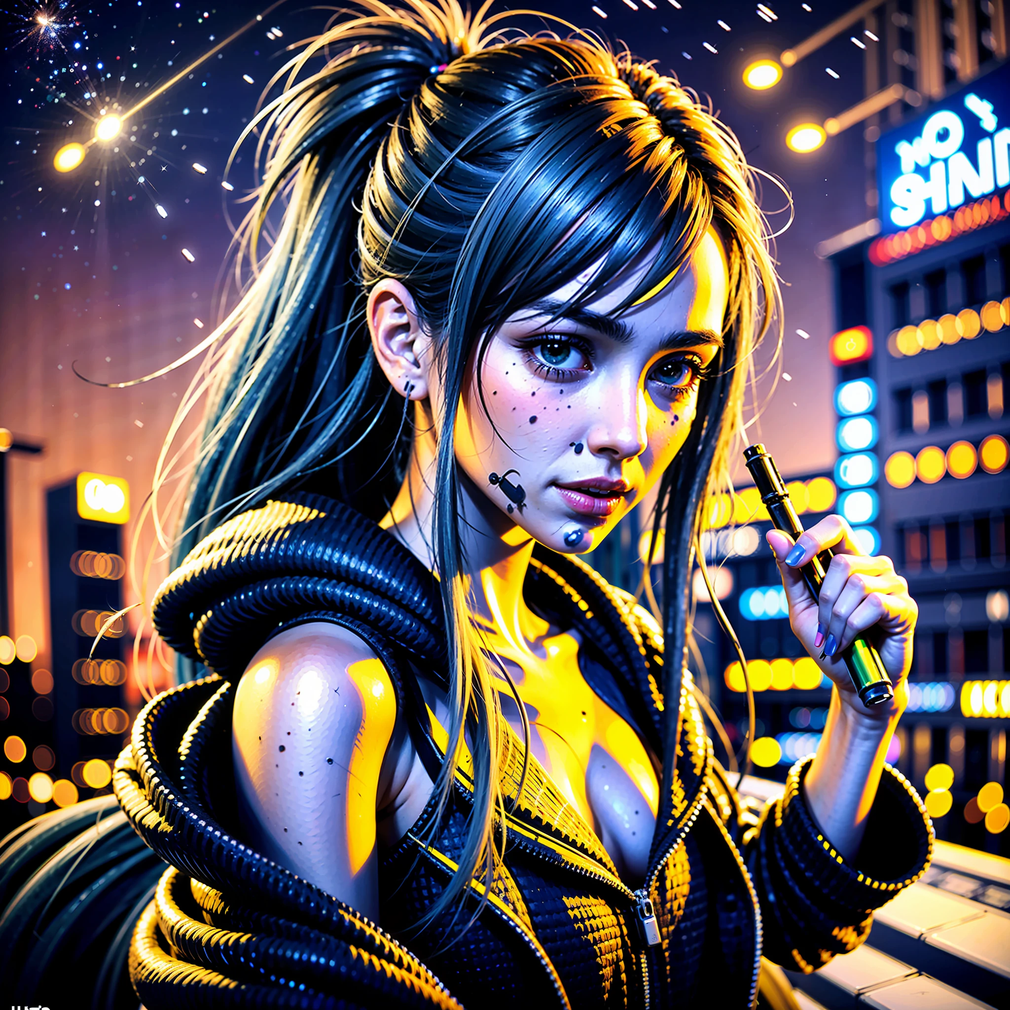 (masterpiece), best quality, ultra high res,little girl, cyberpunk 1girl flying above stunning cityscape ,hoodie,blue hair,  neon color shooting stars, very long hair, off shoulder, feather hair ornament, neon colors, flashes, stunning night sky, cinematic lighting, photorealistic, realistic skin, HDR,fisheye