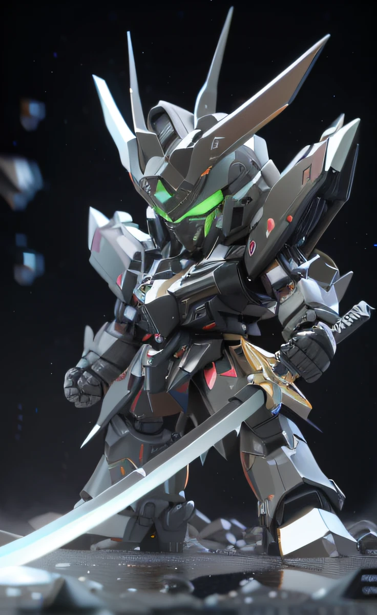 Close-up of the robot，There is a sword on the surface, anime styled 3d, black octane render, Stylized anime, Black color mecha, Rendered in redshift, intricate ornate anime cgi style, 8K high quality detailed art, advanced digital chibi art, yoshitaka amano octane render, high detailed official artwork, highly detailed anime
