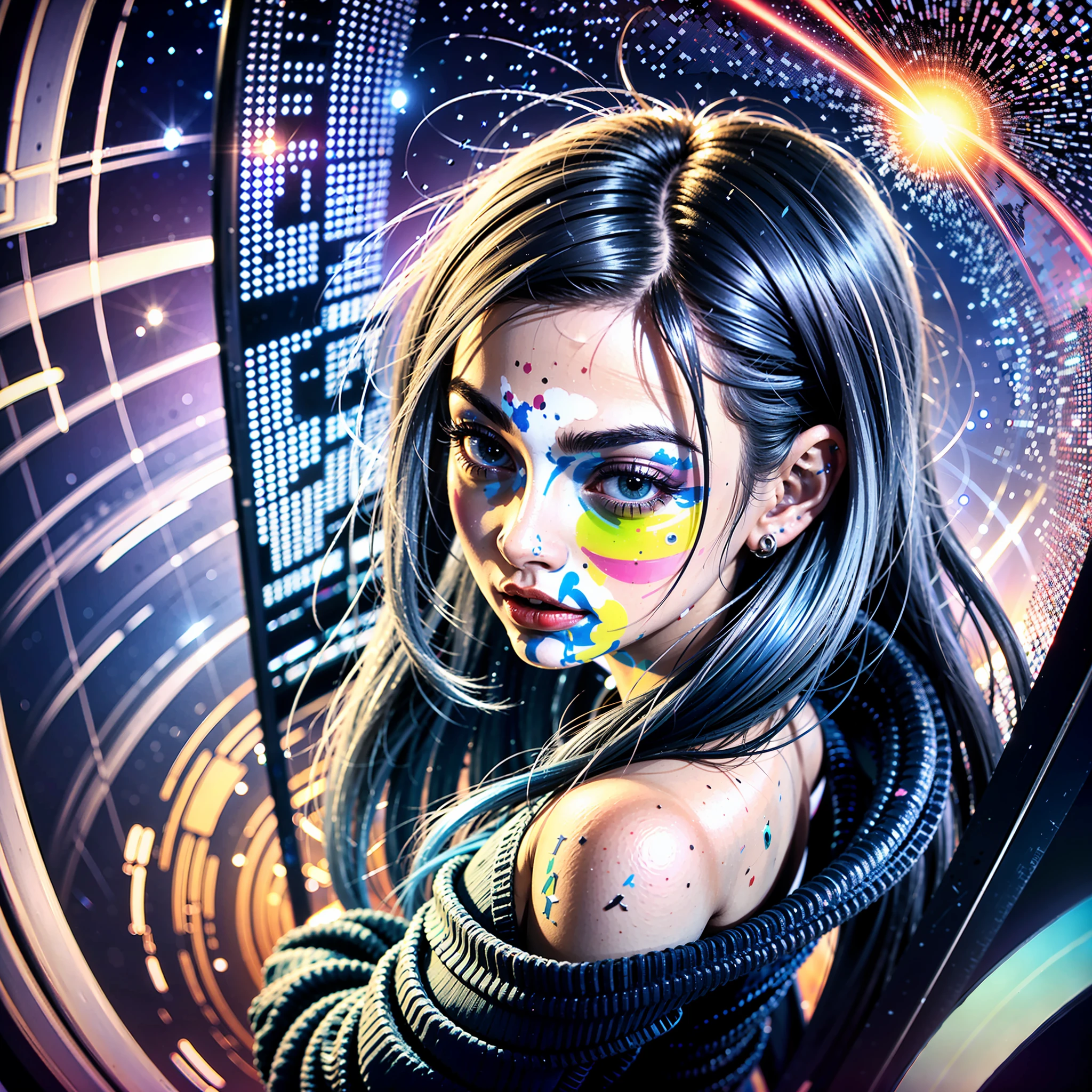 (masterpiece), best quality, ultra high res, girl, cyberpunk 1girl flying above stunning cityscape ,hoodie,blue hair,  neon color shooting stars, very long hair, off shoulder, feather hair ornament, neon colors, flashes, stunning night sky, cinematic lighting, photorealistic, realistic skin, HDR,fisheye