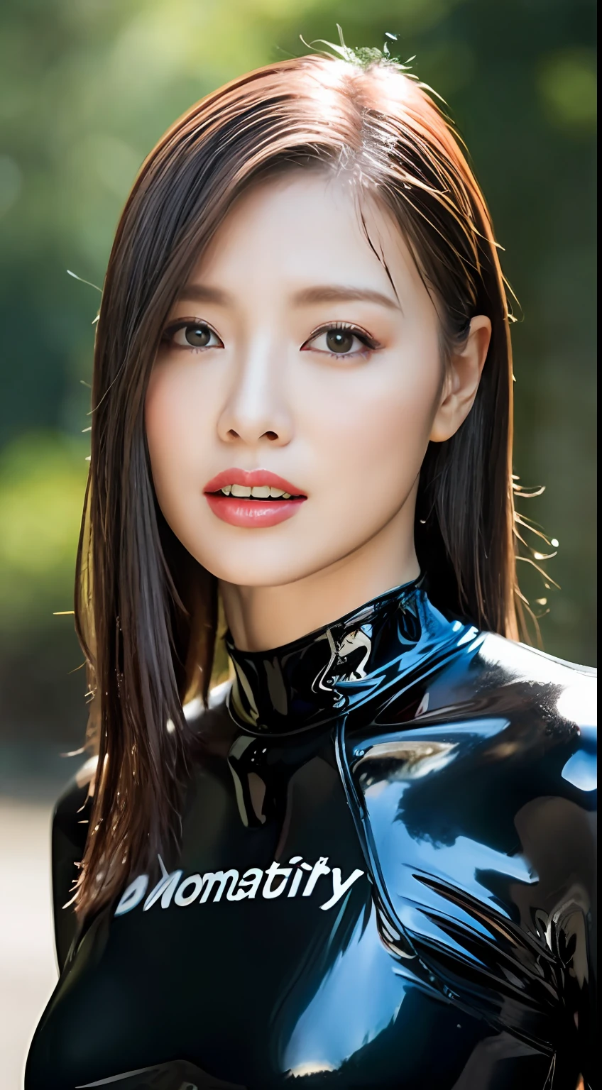 (Top Quality, 4k, Masterpiece: 1.3), Japan Woman, 1 Girl, Sexy: 1.1, Dark Brown Hair: 1.1, (Wet Body: 1.3), Glossy, Latex, Wetsuit, Ultra Detailed Face, Detailed Lips, Detailed Eyes, Red Lipstick, Open Mouth