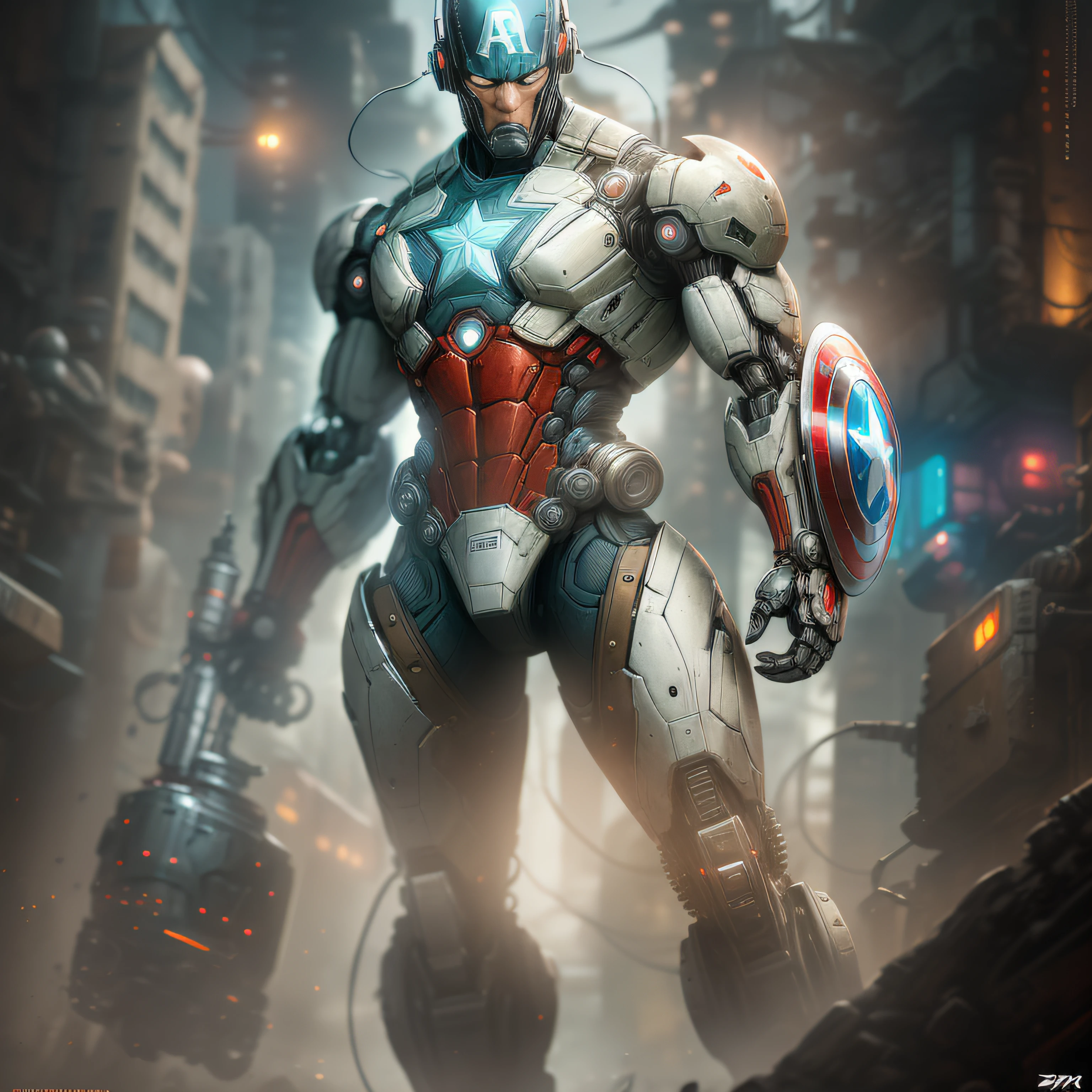 Captain America-Biodroid from Marvel photography, biomechanical, complex robot, full growth, hyper-realistic, insane small details, extremely clean lines, cyberpunk aesthetic, a masterpiece presented at Zbrush Central