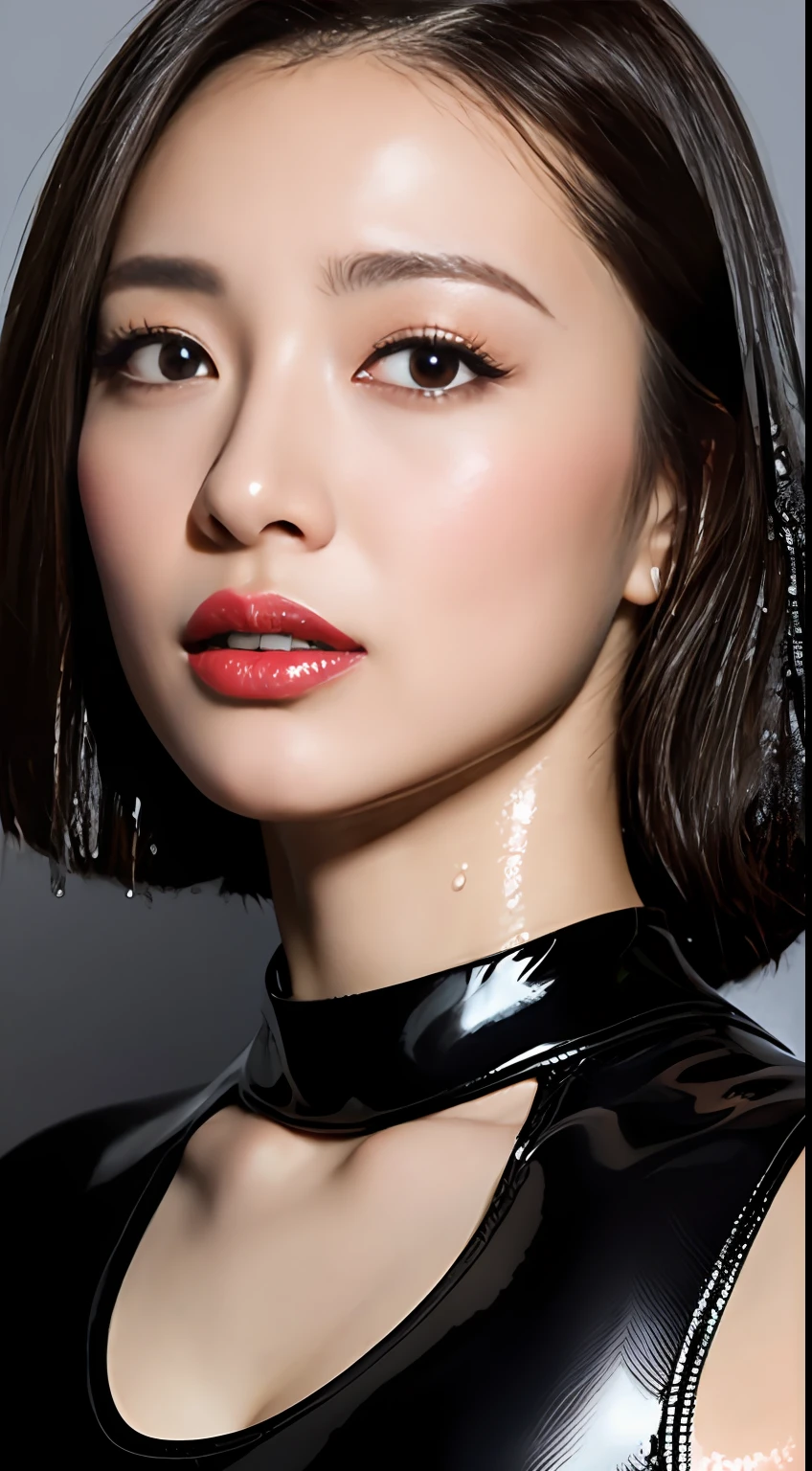 (Top Quality, 4k, Masterpiece: 1.3), Japan Woman, 1 Girl, Sexy: 1.1, Dark Brown Hair: 1.1, (Wet Body: 1.3), Glossy, Latex, Wetsuit, Ultra Detailed Face, Detailed Lips, Detailed Eyes, Red Lipstick, Open Mouth