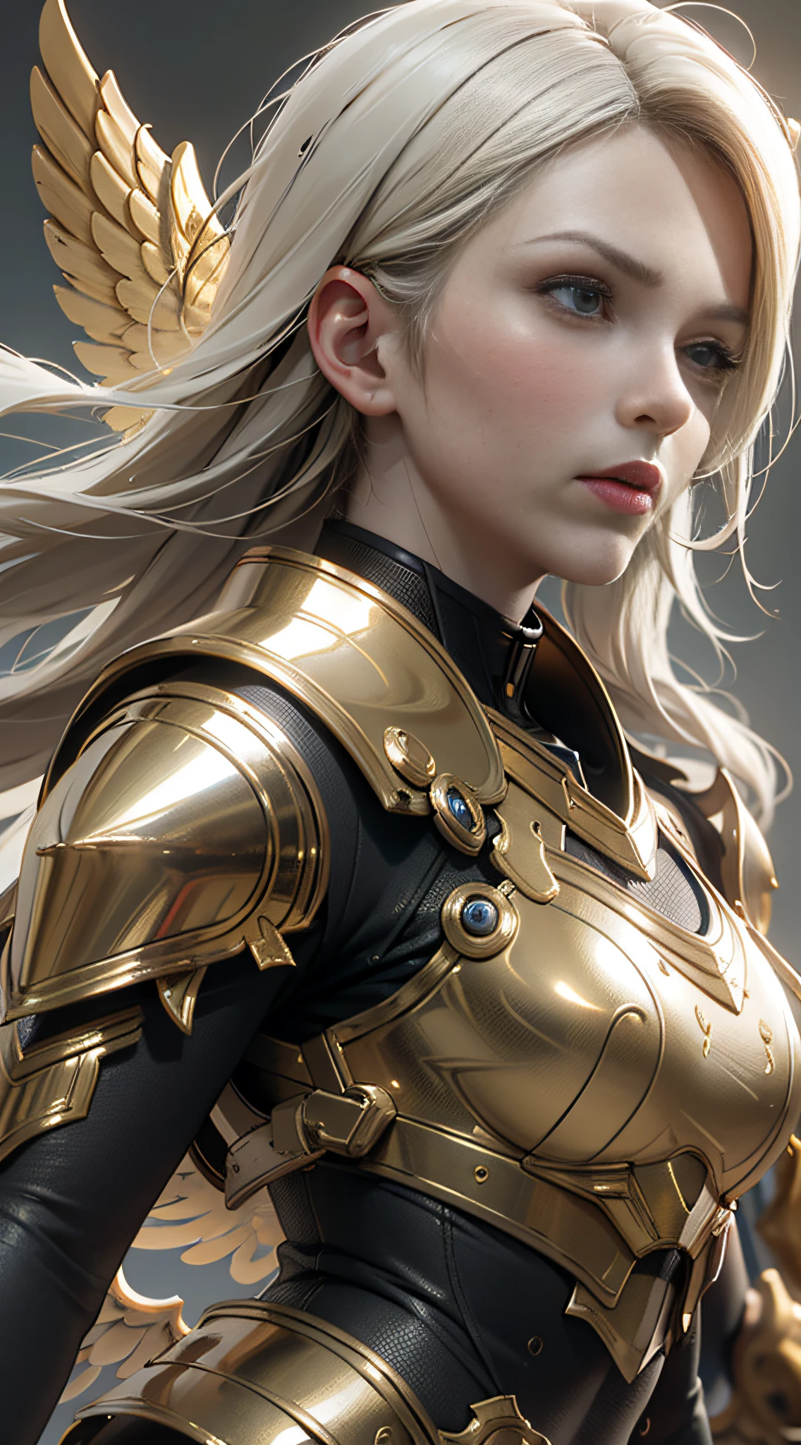 An angel warrior, (with a pair of golden wings on his back), ((metal wings)), ((golden armor)), high detail, (beautiful face), perfect facial features, golden hair, golden sword, indifferent, arrogant, invincible, atmospheric, macro, realistic, HDR (high dynamic range), ray tracing, NVIDIA RTX, super resolution, Unreal 5, subsurface scattering, post-processing, anisotropic filtering, depth of field, maximum sharpness and sharpness, Albedo and Specular Mapping, Surface shading, Accurately Simulating Light-Material Interactions, Perfect Proportions, Octane Render, Duotone Lighting, Large Aperture, Low ISO, White Balance, Rule of Thirds, 8K RAW, High Efficiency Sub-Pixel, Subpixel Convolution,