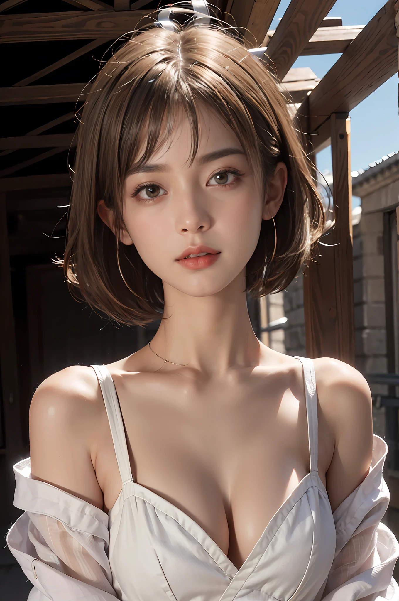 (best qualityer)，tmasterpiece，(extremety fine and beautiful)，Brilliant lighting，Extremely detailed 8k wallpaper，Clear and bright sunlight，1 girl with a natural expression，Shortwave hairstyle，，Linen slings，sophisticated haircut，True skin texture，Detailed facial details：2, Chest straight(1.5)，V-collar，Define pores and skin wrinkles，Wide shoulders，janelas，(Light shines on the face)，Realistic：2,up-close(1.5),looking toward the viewer：1.5，The neck is shorter：1.5