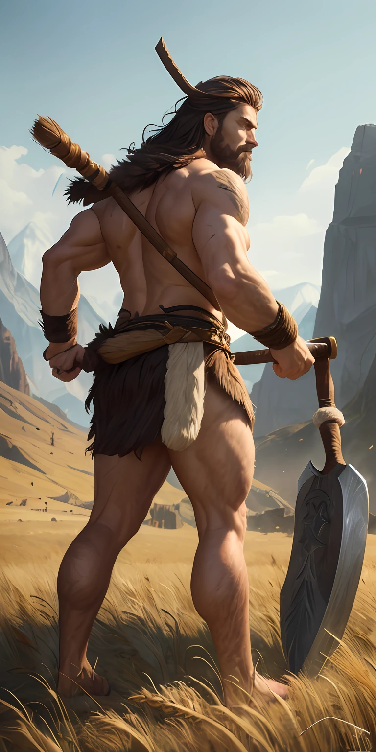 male focus, coarse, Stoic savage with visible pupils, Realistic proportions, Forgotten lands, Covered with fur,With a stone axe,With a hammer,Wheat complexion,Full body like,Primitive barbarian style,highly detailed eyes、Detailed face,Full body standing painting,dynamic poses,white back ground,A masterpiece,best quility,Optimal resolution,8K,