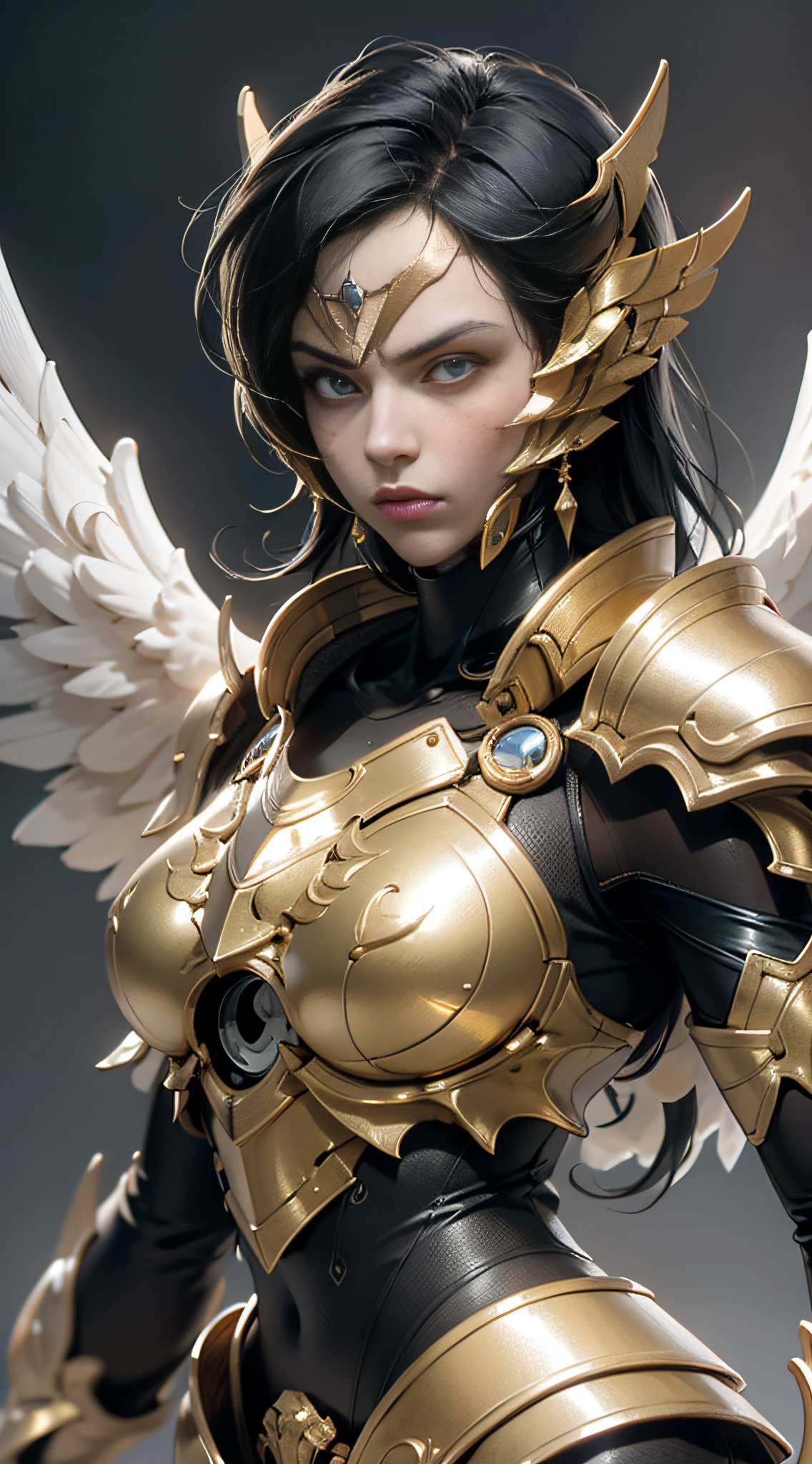 An angel warrior, (with a pair of golden wings on his back), ((metal wings)), ((golden armor)), high detail, (beautiful face), perfect facial features, golden hair, golden sword, indifferent, arrogant, invincible, atmospheric, macro, realistic, HDR (high dynamic range), ray tracing, NVIDIA RTX, super resolution, Unreal 5, subsurface scattering, post-processing, anisotropic filtering, depth of field, maximum sharpness and sharpness, Albedo and Specular Mapping, Surface shading, Accurately Simulating Light-Material Interactions, Perfect Proportions, Octane Render, Duotone Lighting, Large Aperture, Low ISO, White Balance, Rule of Thirds, 8K RAW, High Efficiency Sub-Pixel, Subpixel Convolution,