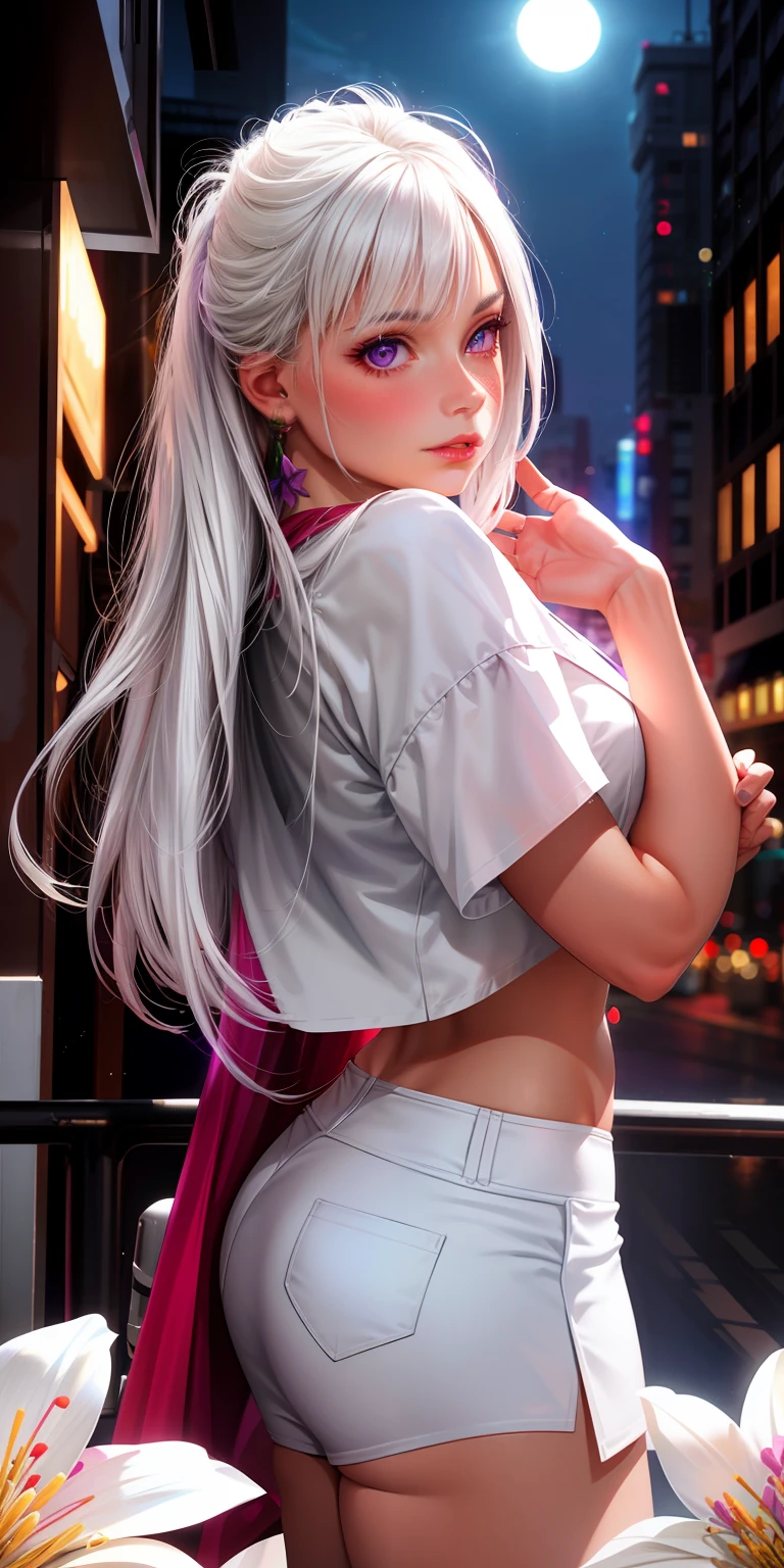 realistic, 1girl, white hair, purple eyes, glowing eyes, crop top, skirt, parted lips, blush, night, flowers, sun, sunlight,