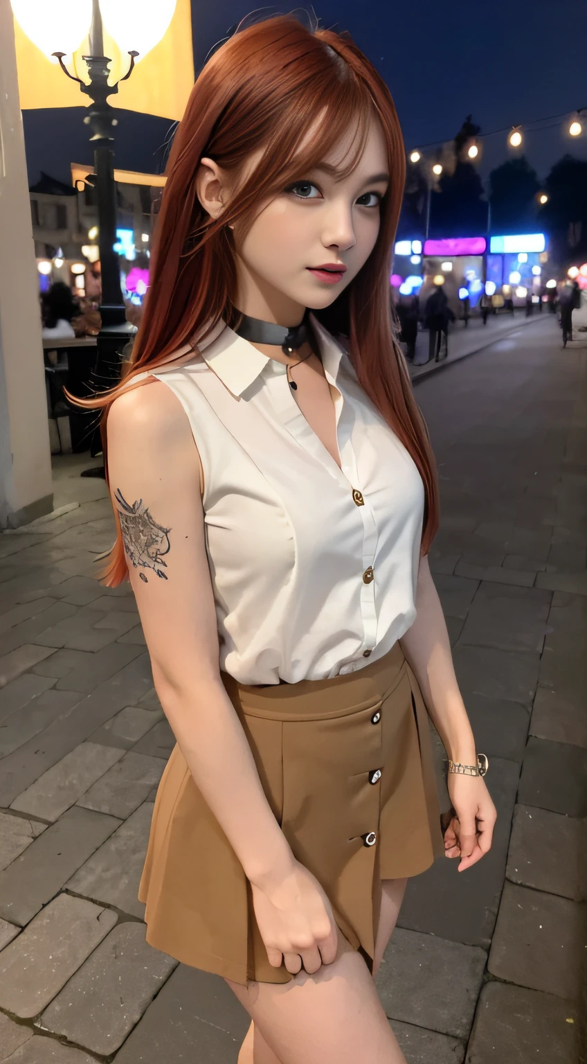 (natta、Soft lighting、top-quality、in 8K、masuter piece、Raw photo:1.3)、Mystical、flawless beauty、beautiful young woman with, Fantasia, Red colored eyes、Slender eyes、Narrow-eyed、Symmetrical eyes、(multicolored hair、Wolf Cut Hairstyles:1.5)、耳Nipple Ring、Thin bracelet on wrist、(full body Esbian、Buttons on the shirt on the chest that came off、Sleeveless shirt with collar、Button collar shirt、Tight skirt:1.2)、ultra-detailliert, intricate detailes, Highly detailed face and skin type、Slim body、(tattoos all over body、Have tattoos all over the body、The tattoo)、A detailed eye、realisitic、make - up、Know、Bewitching、Beautiful standing figure、small tits 、Medieval European Streets、city street at night、Invincible smile、Dynamic angles