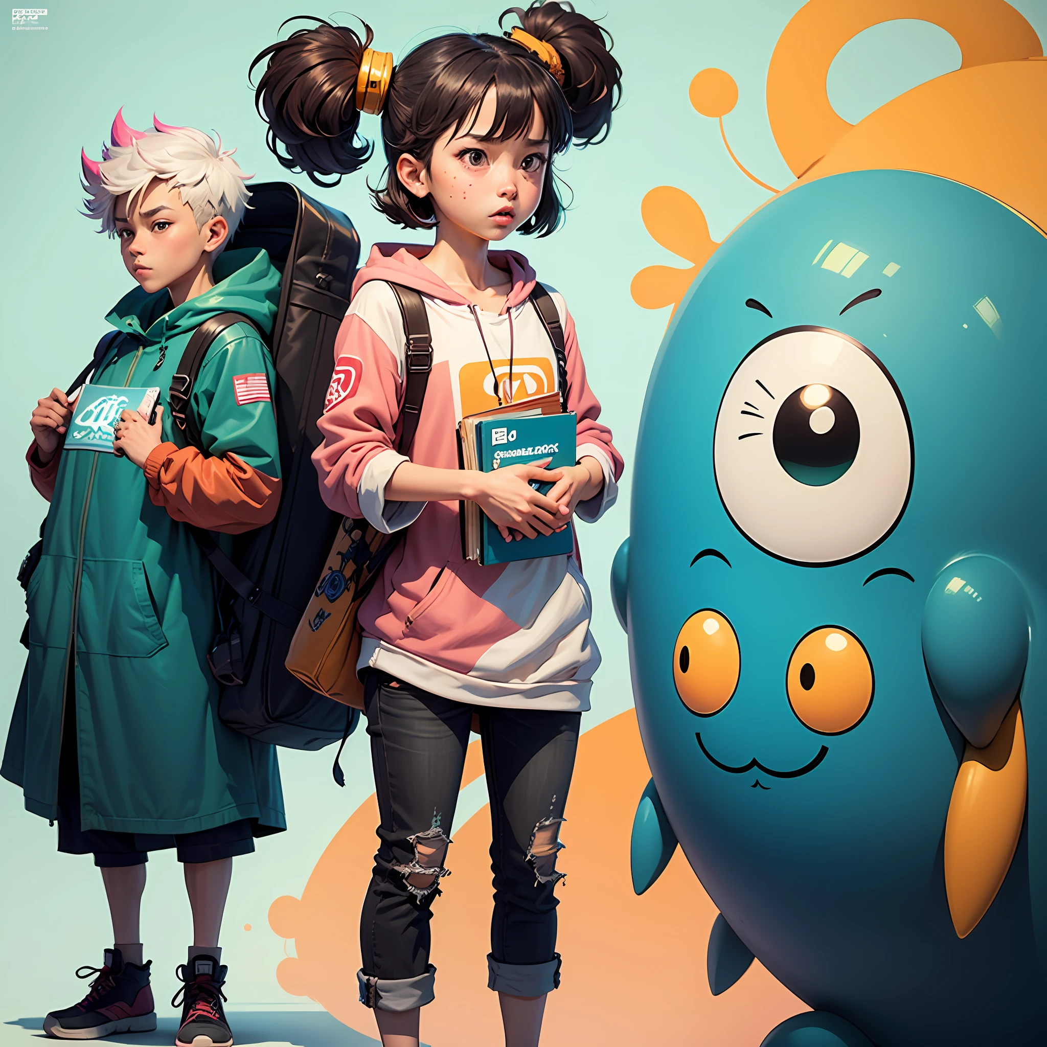 Cartoon character holding book in front of colorful background, Japanese cartoon style, hand painted cartoon art style, by Shinoda Toko, japanese illustrator, Japanese animation style, Official artwork, decora inspired illustrations, Colorful character design, in the style of sachin teng, editorial illustration colorful, nintendo game art, Anime style illustration, An anime cover, Japanese art style,lichen,conversation,agitated,debate,Shabby American style, --auto