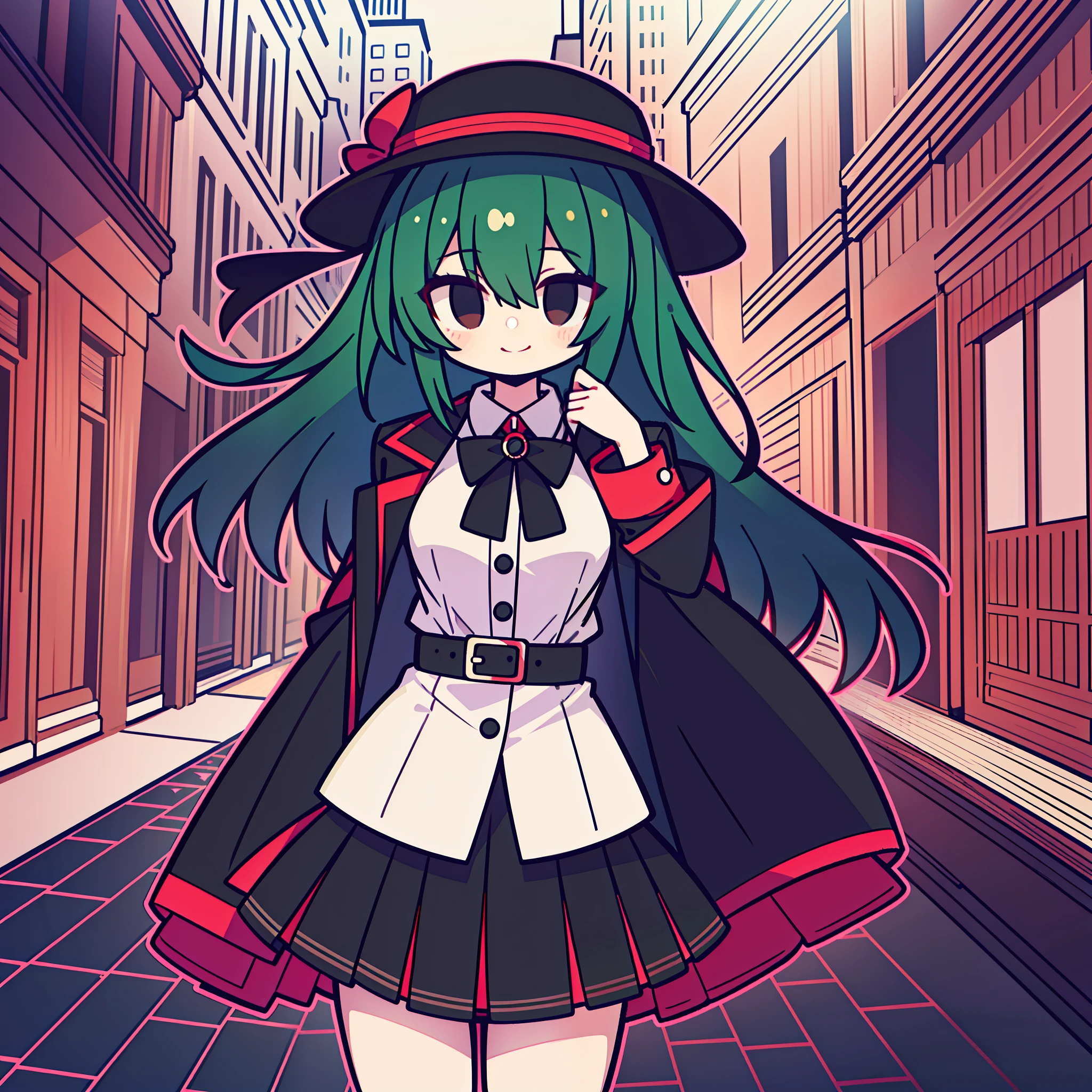 black color hair，Black eyes，ssmile，Black hat，Red band，White coat，Black lining，Dark green skirt