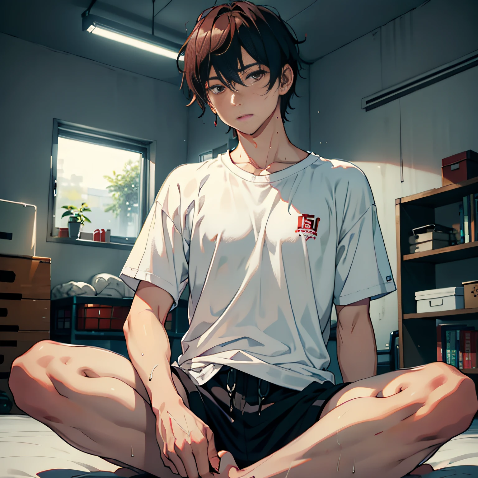 Sitting on the couch、Turning the dough、Show off your body、One guy、A young man、Detailed eyes、mesmerizing eyes、face perfect、red blush、full of sweat、short dark hair、red eyes、Messy room、illuminating、、hightquality、20 year old man in high resolution