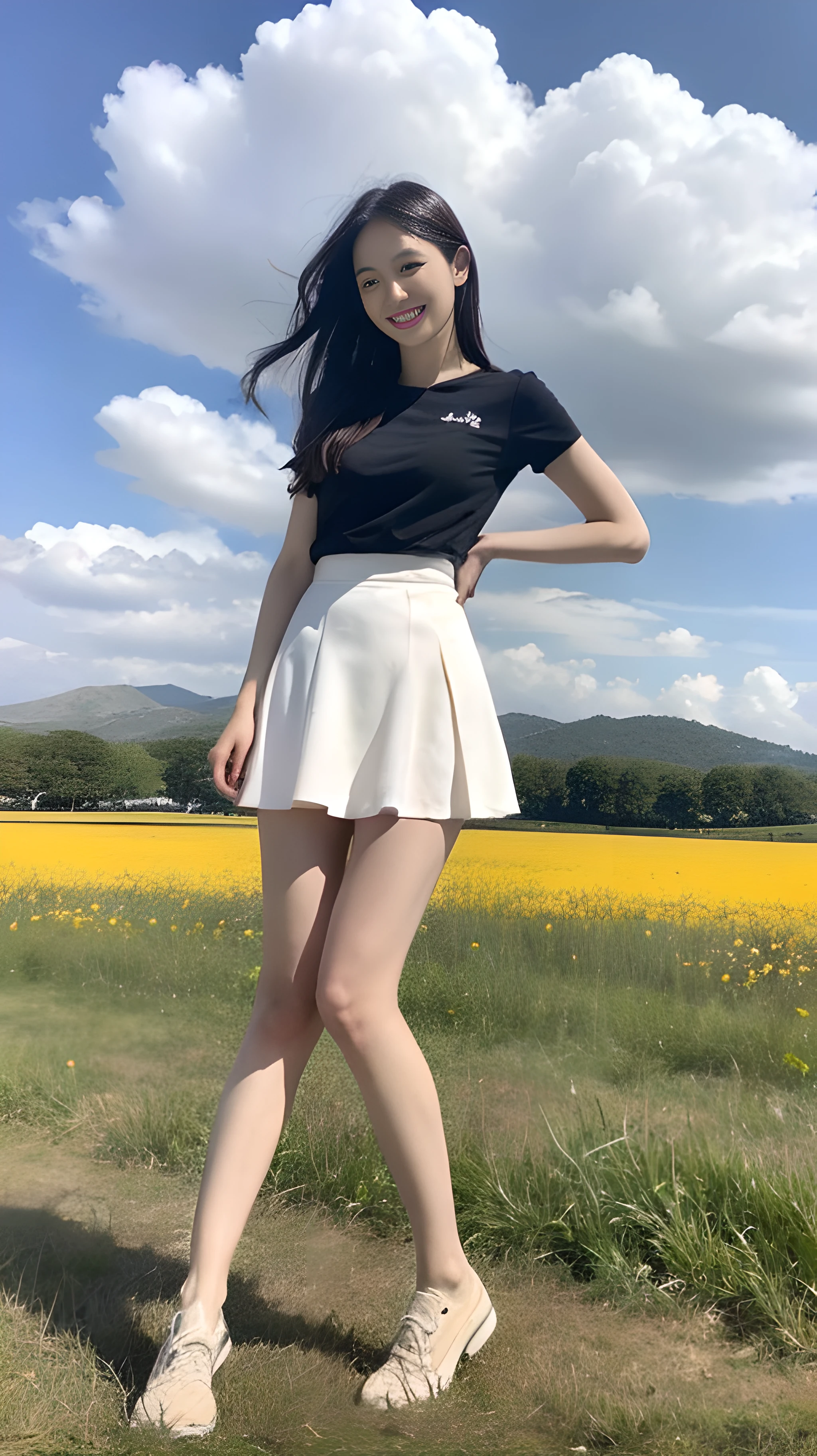 A nice and cute girl,Full body photo,Extremely beautiful and delicate,Black color hair,A sweet smile,Delicate and beautiful fair skin,Realistic and realistic,exquisite and complete facial features,Detailed depiction of the face,tall nose bridge,Smooth hair,extremely detail hair,Feminine temperament,Fill your face light,Tall and tall,Thin,Realiy,Hyper-realism,full body shot shot,Forward tilt angle,Extreme picture quality,Highest precision,Precise and perfect human anatomy。with blue sky and white clouds,Sitting on the Steppe,with blue sky and white clouds,rays of sunshine,cattle and sheep,(short skirt)Panties are clearly visible. telephoto shot,Express the landscape,Highlight portrait。