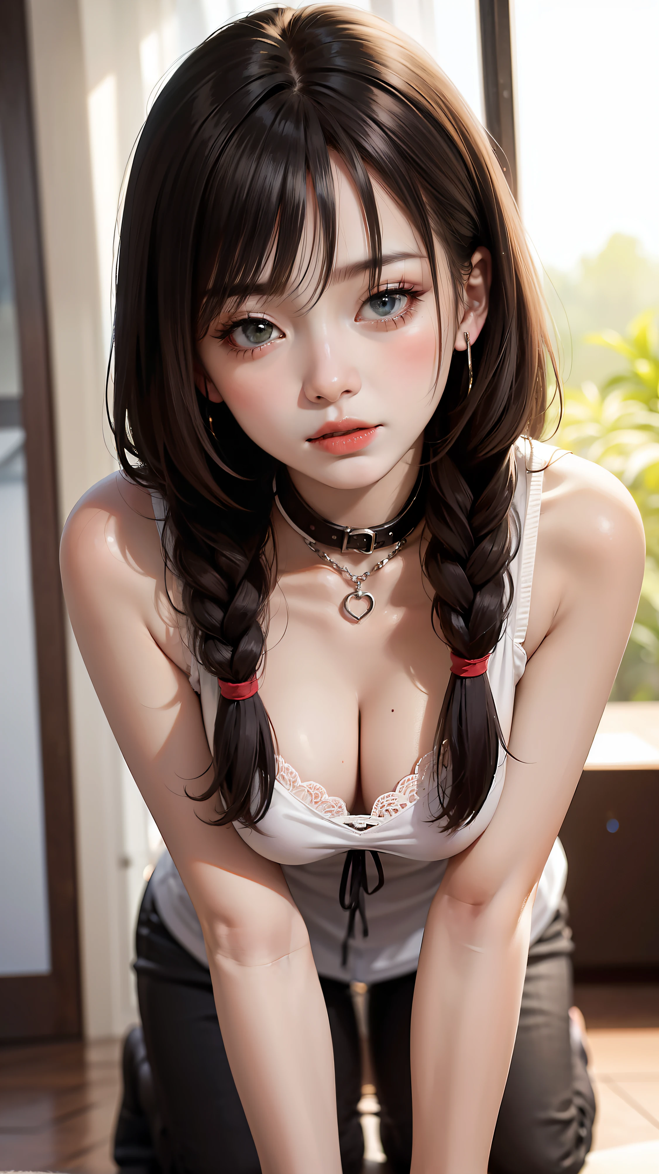 dual horsetail，Kneeling pose，sexy beauty，Beautiful face，noble，Disgusted eyes，Collar。