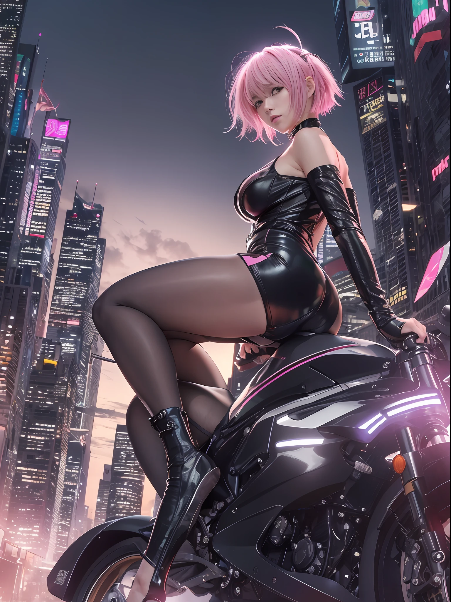 top-quality、超A high resolution、1人、Futuristic bodysuit、Black Choker、(huge-breasted:1.2)、high-heels, Riding on a futuristic motorcycle, Pink short hair, Upper body black swimsuit, Photo, The background is the evening city,Live action,japanes,独奏,beautiful expression,Wearing black stockings,highrise buildings
