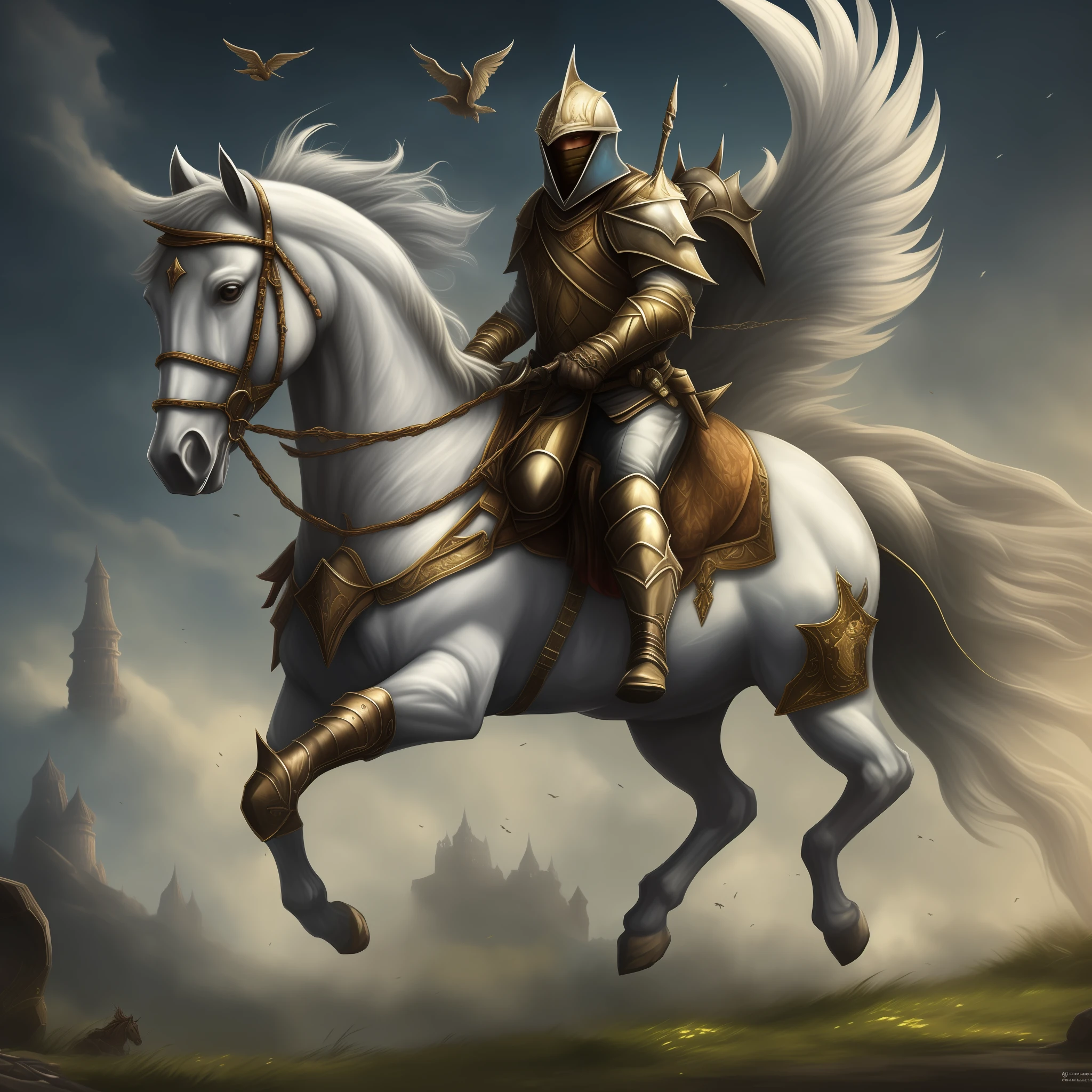 estilo modelshoot, (extremamente detalhado CG unidade 8k wallpaper), melhor qualidade, (obra-prima: 1.1), pintura de um (1) White horse with wings Flying over scenery with a rider (humano paladino) montado nele, 1 criatura (Pegasus) mythic ((montaria)) com um paladino ((cavaleiro)), cavalo com cascos e asas, voando, belas asas nas costas do animal, 1 cavaleiro de armadura sobre a montaria alada, 1paladino cavalgando de armadura brilhante, fantasia!!!, [[fantasia]],