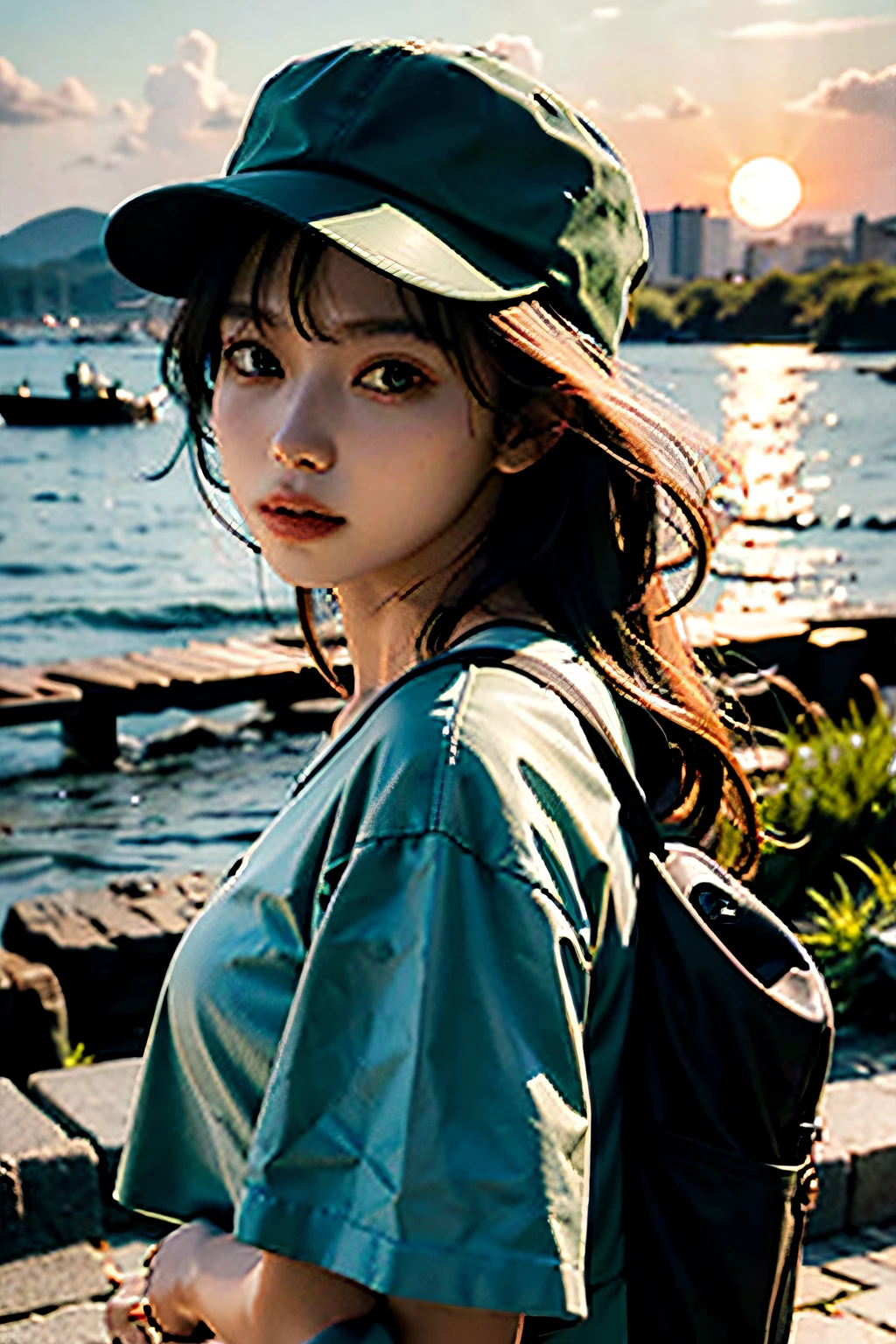 p （8k wallpaper：1.2），（超高分辨率：1.2），（tmasterpiece：1.1），Wallpapers，high high quality，tmasterpiece，（high detal），
The upper part of the body，独奏，looking at viewert，
1girll，vogue photo，cinmatic lighting，filmgrain，Ray traching，Green short sleeves，wear cap，The upper part of the body，sideface，Black backpack，beachside，the setting sun，backlit portrait，Black hat，wear cap，the sunset，Grass green clothes，blue-sky，cap，