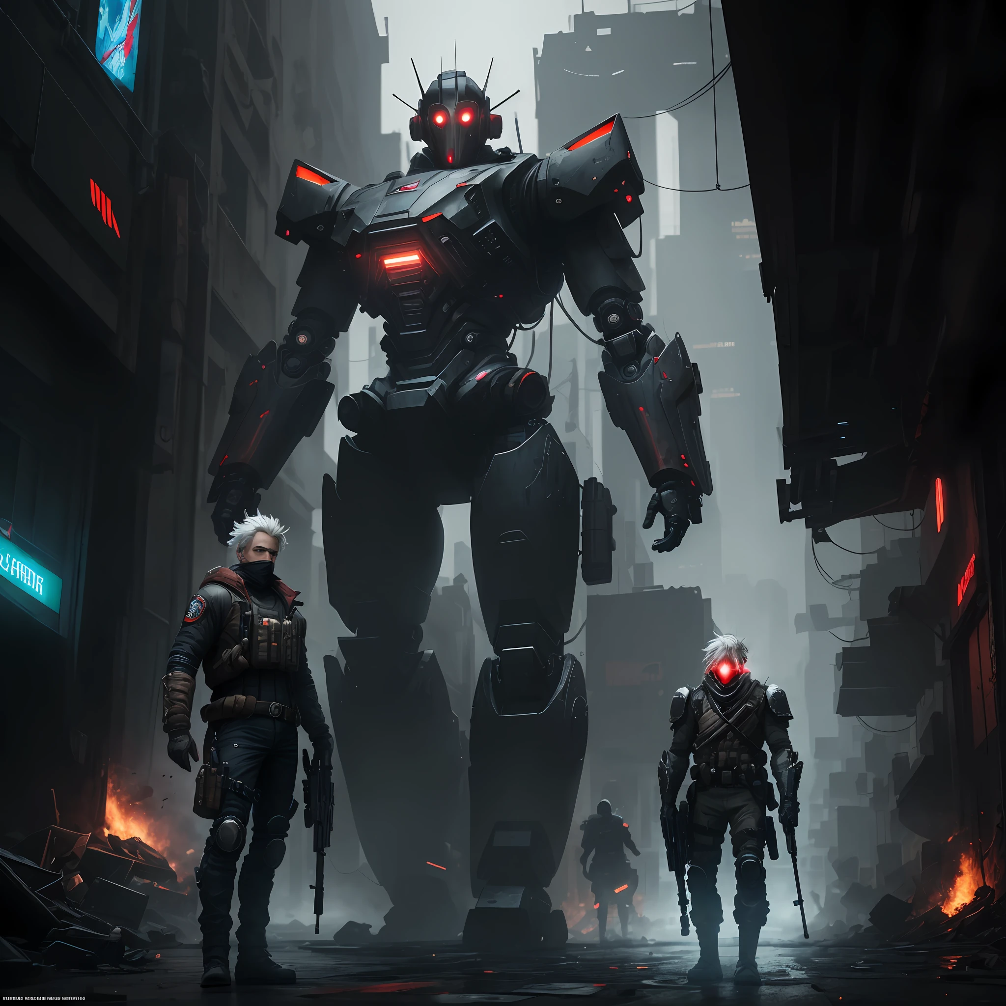 This is a hyper-detail、High resolution and top quality CG Unity 8k wallpaper,The style is cyberpunk,Mainly black and red。A beautiful man with short hair with white messy white hair appears in the picture,s delicate face,Wearing a steam mech mask,standing on ruins,Behind him is a huge robot,The action of a man holding a heavy sniper rifle in his hand, --auto