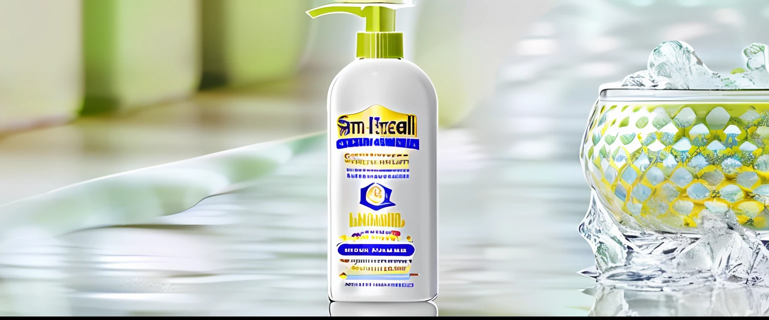 Close-up of a bottle of conditioner on the counter, liquid gold, Vivid and balanced, crisp smooth clean lines, crisp smooth lines, full head and shoulders, ultra texture, Solid, head and shoulders masterpiece, Bold, Clear detail, Bold. Intricate, product label, Clear detail, hgh, professional product photo
