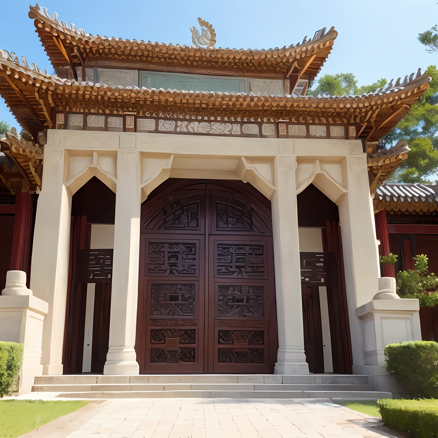 College gates, gate, Antique architecture, Inspired by ancient Chinese architecture, huge gate, There are sculptures in the doorway,Beautiful image --auto
