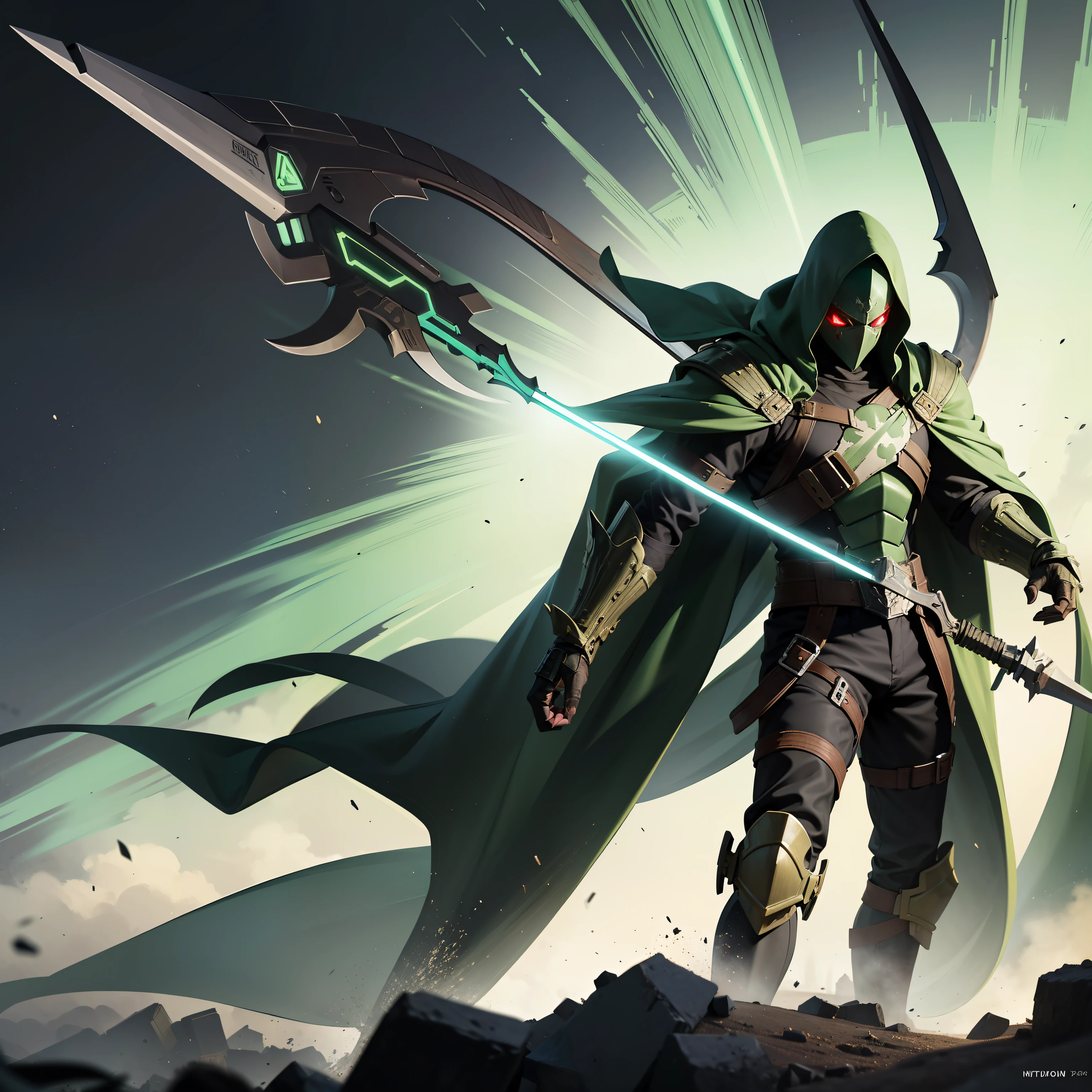 Spawn an intergalactic warrior wearing green armor,He held a huge scythe in his hand,There are tanks passing by,He swung his scythe at the monster in front of him,Green poisonous gas pervaded the battlefield,Blood splattered。 --auto