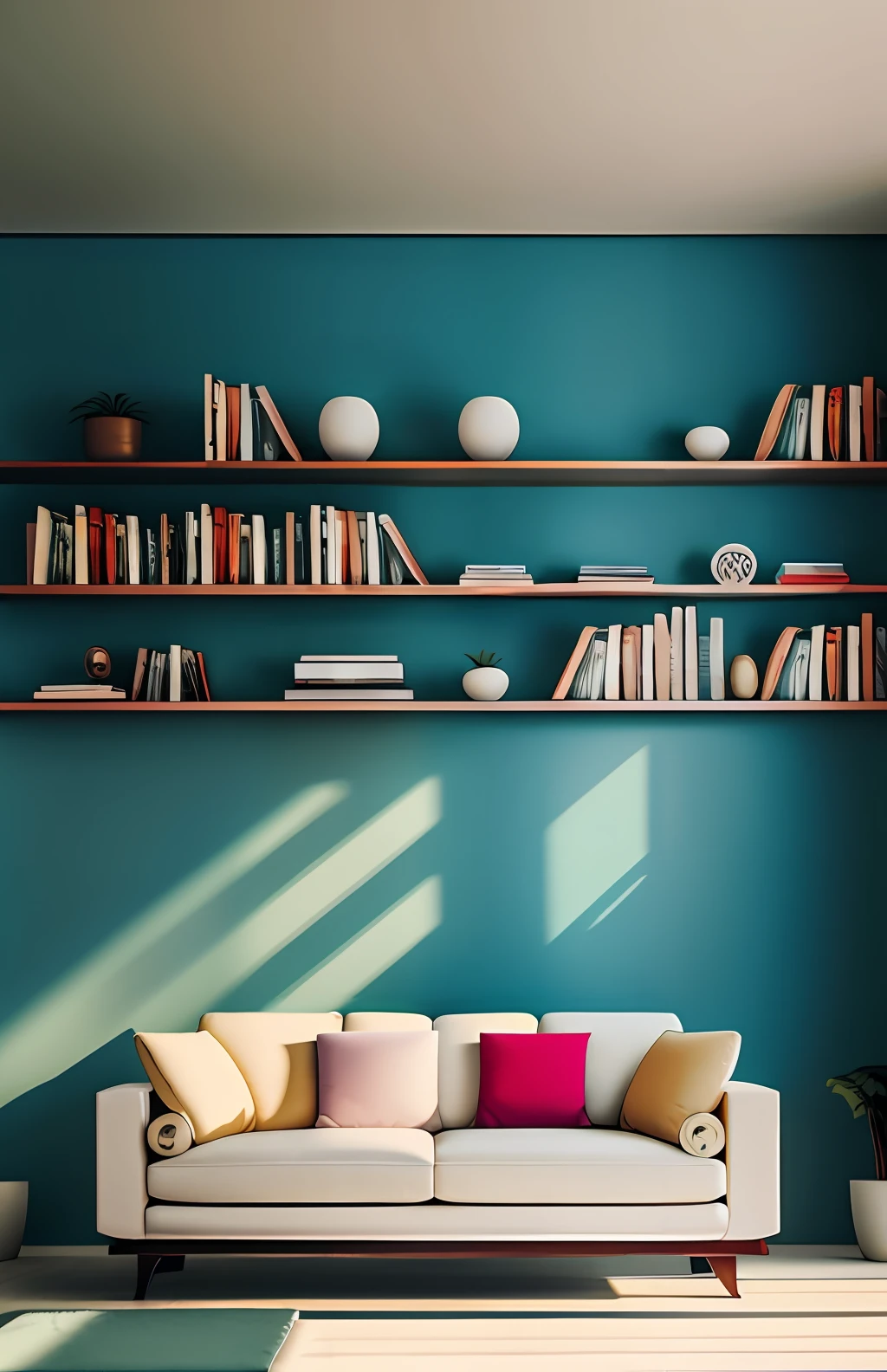 indoor background，Front view，The sofa is against the wall，The bookshelf is against the wall，cold light，canon 6d，50mm lens，1/125 shutter，Expose pervert+1，in a panoramic view