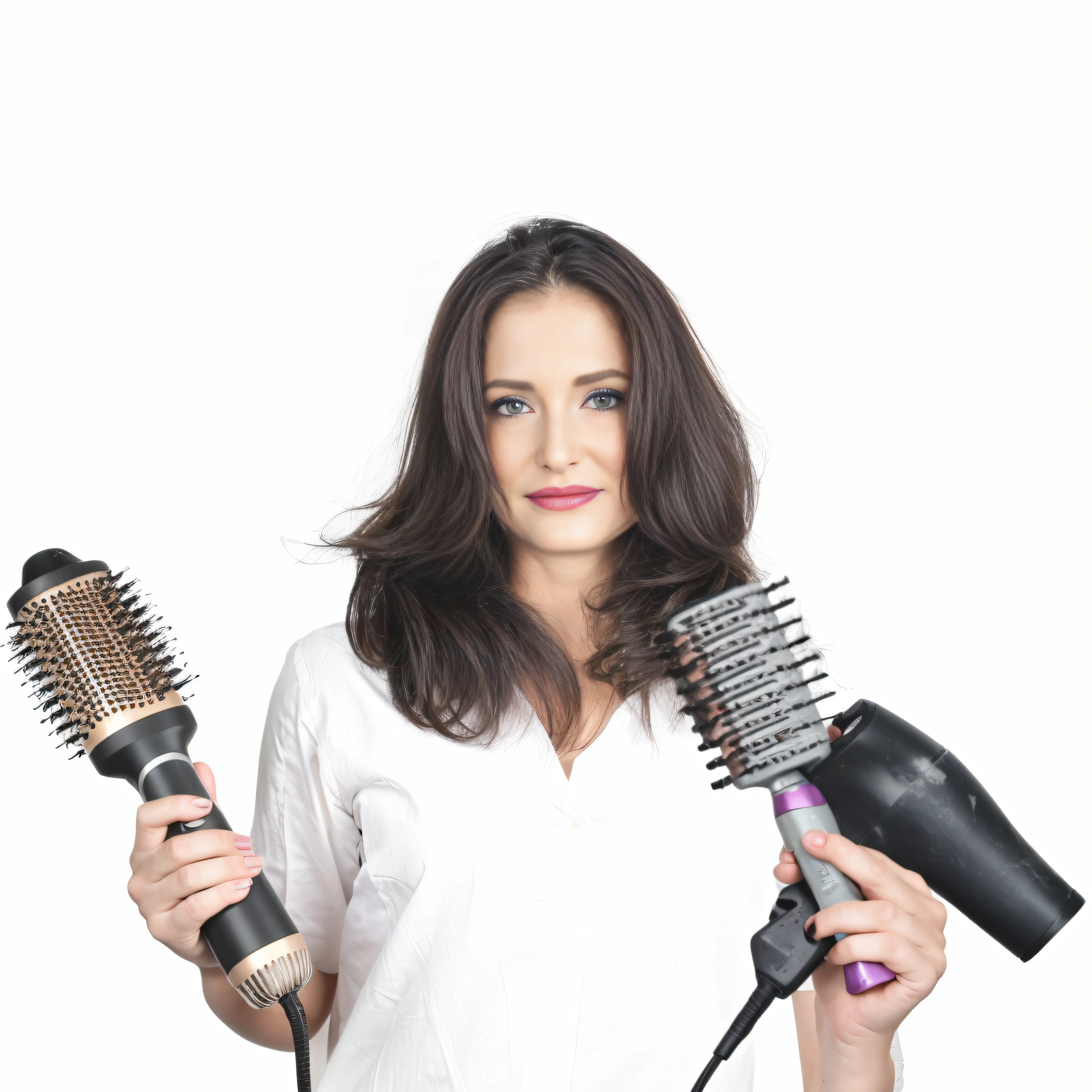 Arafeld woman holding two hair dryers and a hair dryer, hairdryer, Hair blowing, set against a white background, Hair, holding brush, a messy, marketing photo, the woman holds more toys, She has messy hair, professional, white backgrounid, commercial photograph, straight stiff dry damaged hair, The hair is fanning around, delight