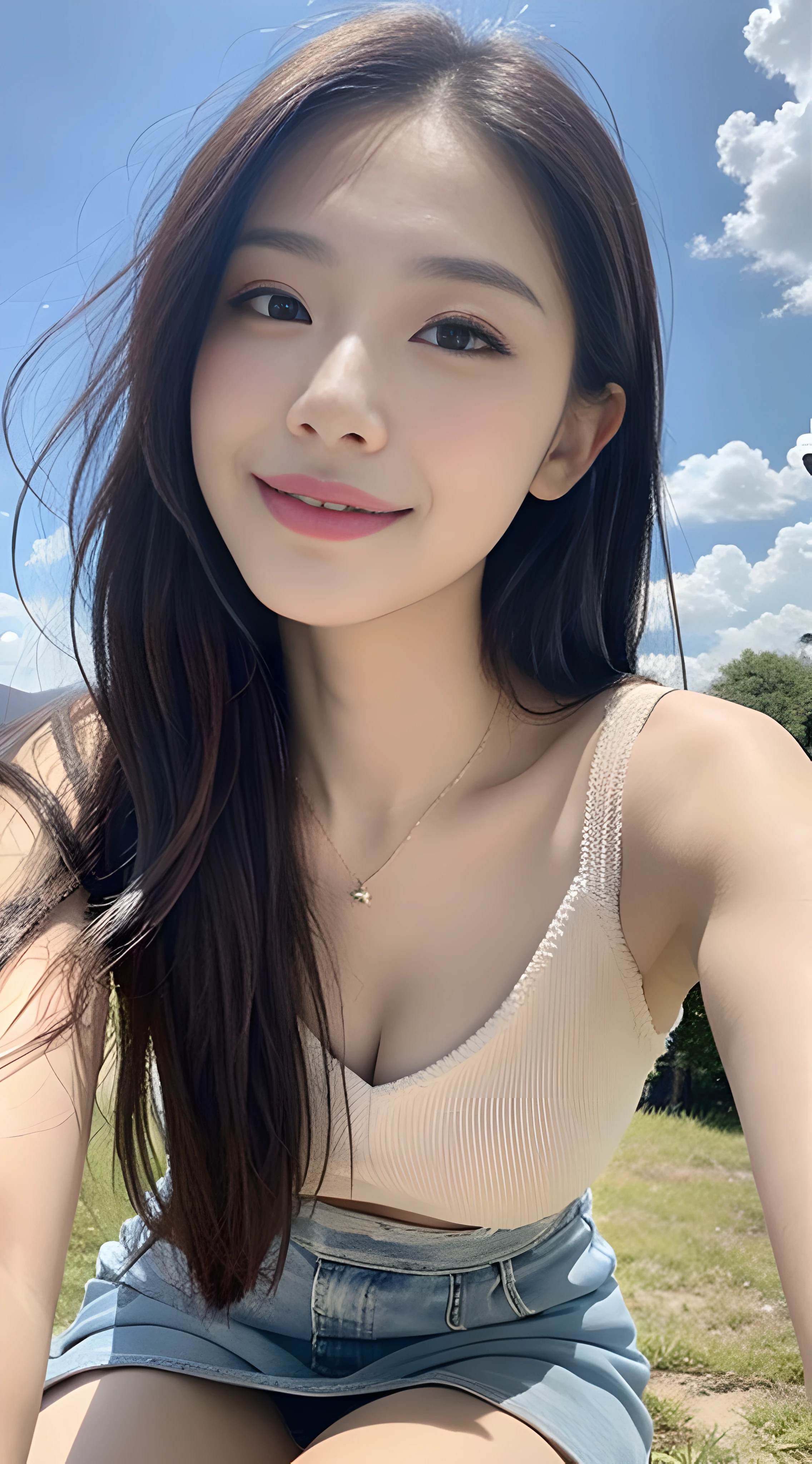 A nice and cute girl，Full body photo，Extremely beautiful and delicate，Black color hair，A sweet smile，Delicate and beautiful fair skin，Realistic and realistic，exquisite and complete facial features，Detailed depiction of the face，tall nose bridge，Smooth hair，extremely detail hair，Feminine temperament，Fill your face light，Tall and tall，Thin，Realiy，Hyper-realism，full body shot shot，Forward tilt angle,Extreme picture quality,Highest precision,Precise and perfect human anatomy。with blue sky and white clouds，Sitting on the Steppe，with blue sky and white clouds，rays of sunshine，cattle and sheep，(short  skirt)Panties are clearly visible. telephoto shot，Express the landscape，Highlight portrait。