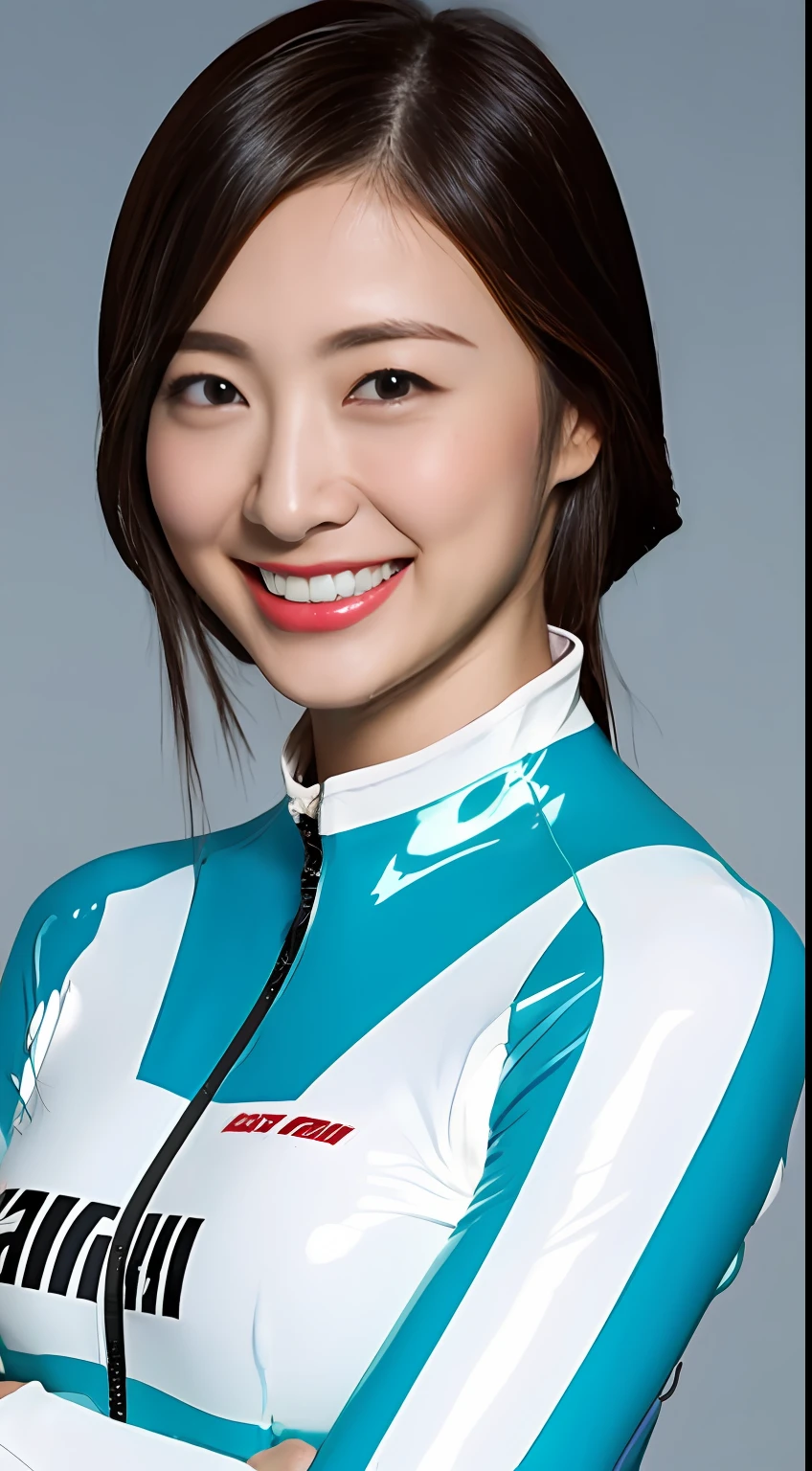 (top-quality)、A Japanese Lady、1girl in、、dark brown hair:1.1、(The sheen、Latex、Long Sleeve Racing Suit)、(huge breasts1.9)、Red Lipstick、a smile、