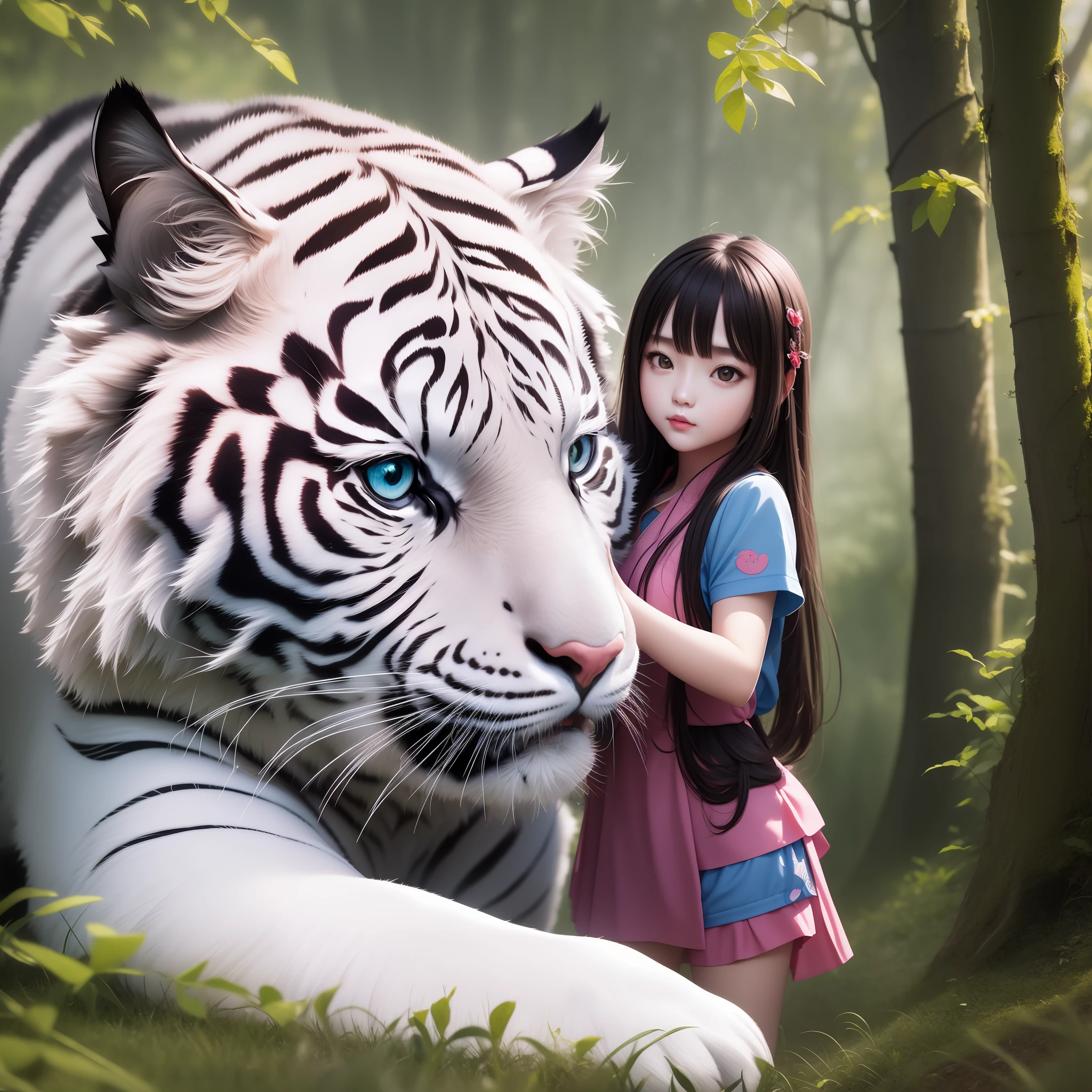 girl and white tiger , reflective scale , bird mountain brightness , extreme closeups , wide angle ,16K, light and shadow effects , masterpiece , ultra - high quality -- ar 3:4-- s 400