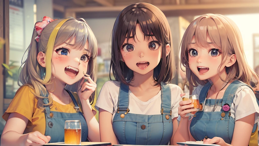 ((top quality)),((masterpiece)),((perfect face)),((background blur)),((kawaii)), Panorama,Four beautiful women, Denim clothing, Four bottles of beer, one table of dishes,, lively, serious expression, scowling expression, flustered expression,Closeup, Expressions of joy, anger, sorrow, and pleasure, ((kawaii)), close up, Happy smile, shame, joy, fun,