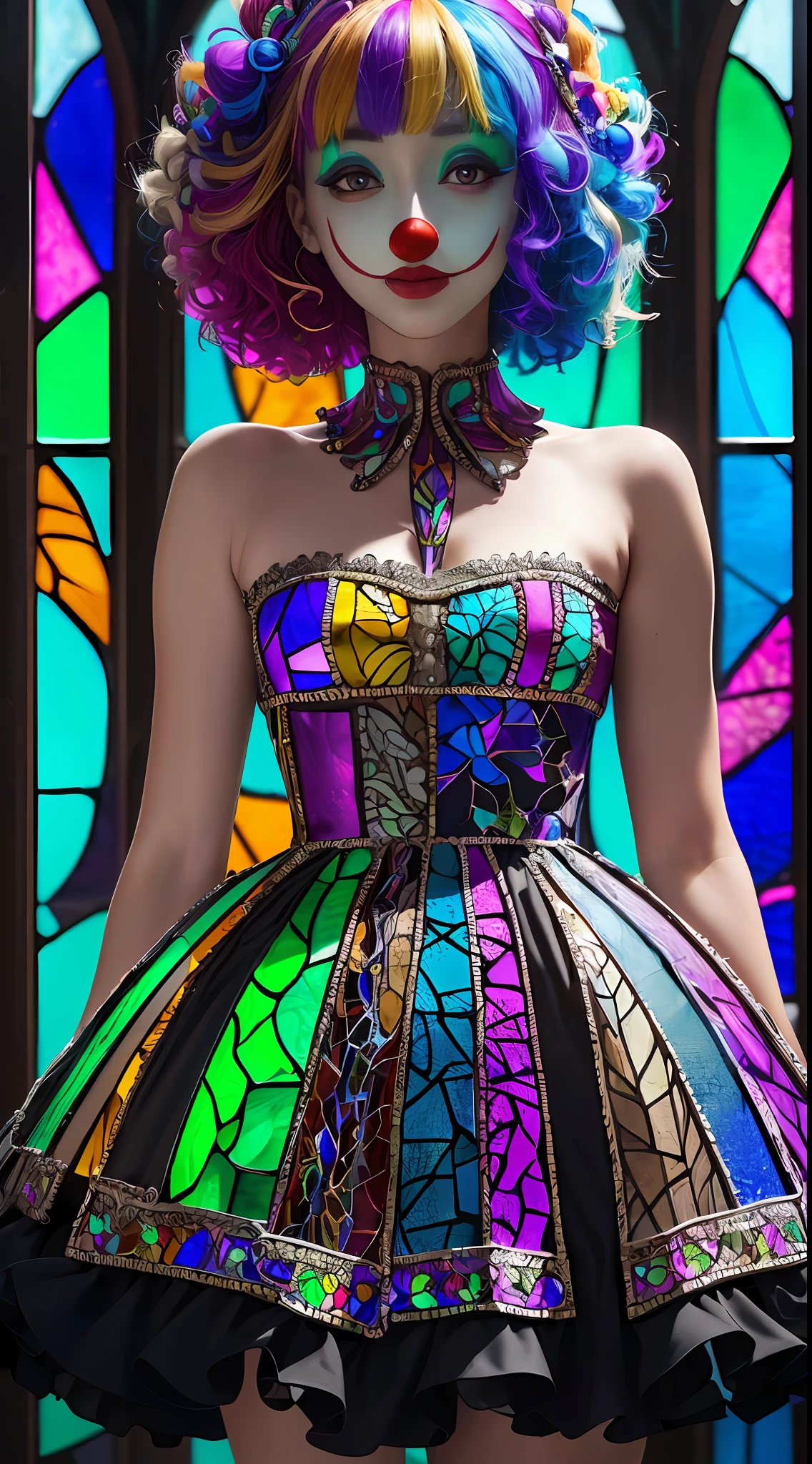 1girl, slender figure, curly hair, ((Clown style dress made of stainedglassAI arrangement)), (no face makeup), multicolor hair, (muted color, high contrast, low saturation), cinematic light, street night, depth of field, bokeh, perfect focus, dark background, (masterpiece, best quality, highres CG,hyperdetailed), from below, stainedglassAI
