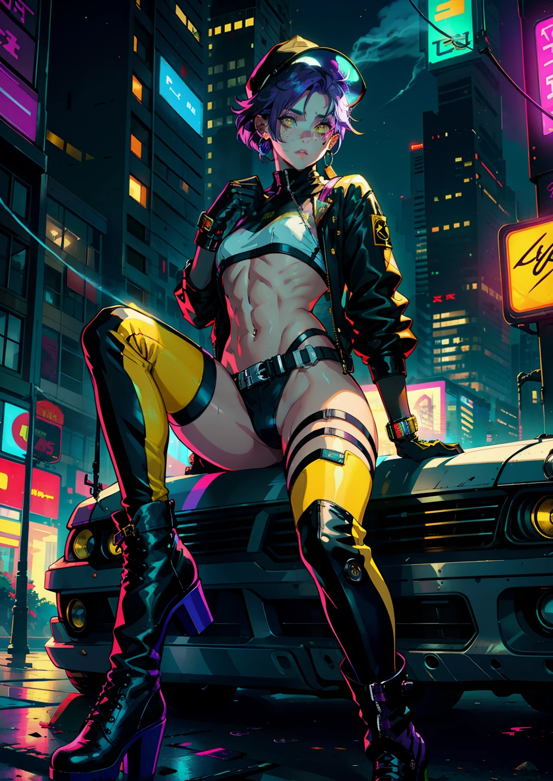 1boy,solo,colorful,yellow eyes,cyberpunk,city,peace sign,earrings,purple hair,eye patche,freckles,prothesis,mechanic,neon,beautiful lighting,purple reflection,cap,smoking,character focus,cg illustration,bust shot,yellow and black outfit,brown hair, tomboy, makeup , full body , long boots , heels, gatner belt, short top, sockings, model pose, gloves, light clothes, wet clothes, transparent clothes, small boobs, undercut hair, pierced lips, naked abs, long sockings,