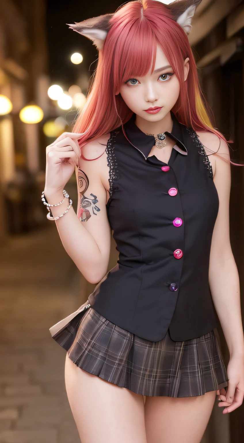 (natta、Soft lighting、top-quality、in 8K、masuter piece、Raw photo:1.3)、Mystical、flawless beauty、beautiful young woman with, Fantasia, Red colored eyes、Slender eyes、Narrow-eyed、Symmetrical eyes、(multicolored hair、Wolf Cut Hairstyles:1.5)、耳Nipple Ring、Thin bracelet on wrist、(full body Esbian、Buttons on the shirt on the chest taken off、Sleeveless shirt with collar、Button collar shirt、Tight skirt:1.2)、ultra-detailliert, intricate detailes, Highly detailed face and skin type、Slim body、(tattoos all over body、Have tattoos all over the body、The tattoo)、A detailed eye、realisitic、make - up、Know、Bewitching、Beautiful standing figure、small tits 、Medieval European Streets、city street at night、Invincible smile、Dynamic angles