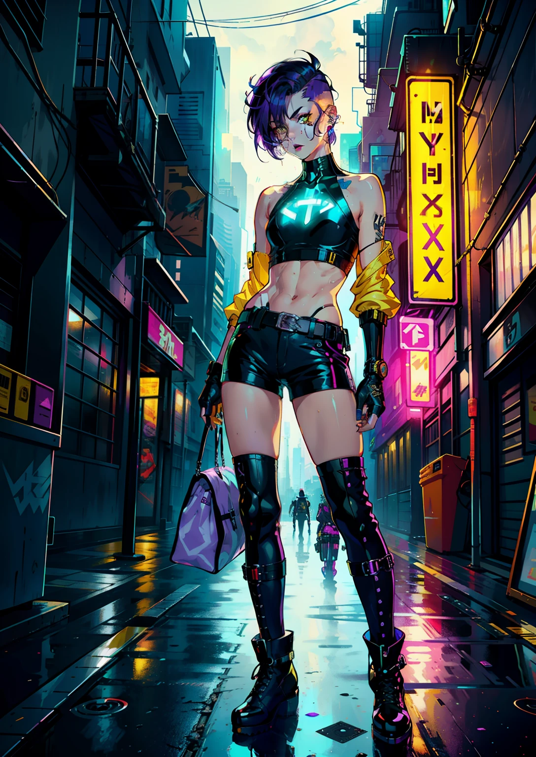 1boy,solo,colorful,yellow eyes,cyberpunk,city,peace sign,earrings,purple hair,eye patche,freckles,prothesis,mechanic,neon,beautiful lighting,purple reflection,cap,smoking,character focus,cg illustration,bust shot,yellow and black outfit,brown hair, tomboy, makeup , full body , long boots , heels, gatner belt, short top, sockings, model pose, gloves, light clothes, wet clothes, transparent clothes, small boobs, undercut hair, pierced lips, naked abs, long sockings,