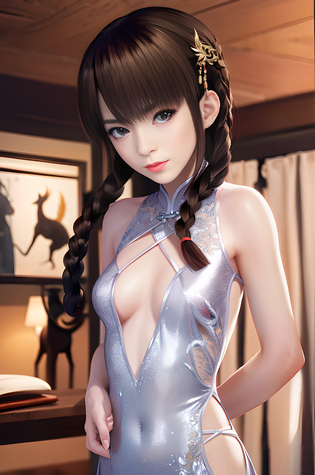 ultra realistic 8k cg, picture-perfect face, flawless, clean, masterpiece, professional artwork, famous artwork, perfect face, beautiful face, beautiful eyes, solo,loli ,blush,seductive expression,extremely detailed_eyes,room, beautifully detailed background,depth of field,realistic:1.3, (ambient light:1.3),(cinematic composition:1.3),(neon lights:0.1),(HDR:0.1),Accent Lighting, narrow waist,long shot, 1girl, leifang,china dress,bangs,twin braids, lips,(slender girl), narrow waist, flat chest,
