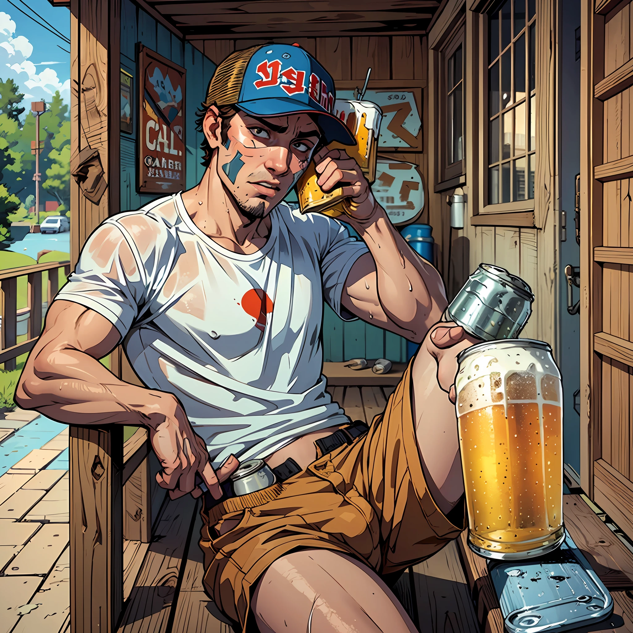 a guy in his twenties on the porch in south Georgia wearing only sweat-soaked tighty whities and a trucker hat, (holding a cold beer can against his face suggestively:1.4), (solo:1.4), 1boy,