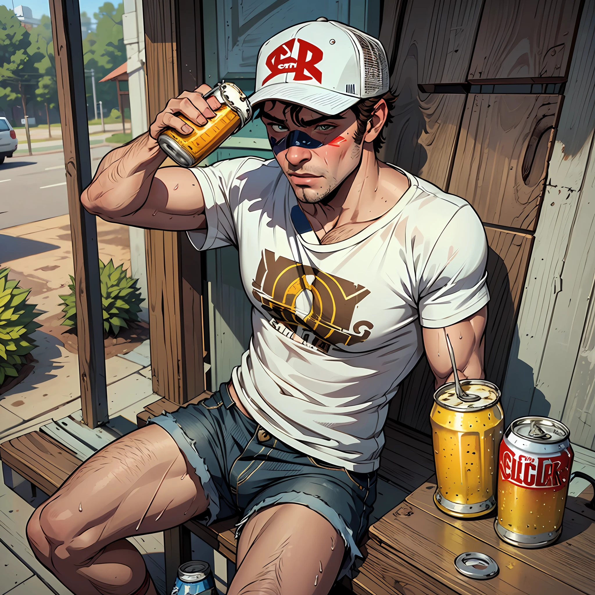 a guy in his twenties on the porch in south Georgia wearing only sweat-soaked tighty whities and a trucker hat, (holding a cold beer can against his face suggestively:1.4), (solo:1.4), 1boy,