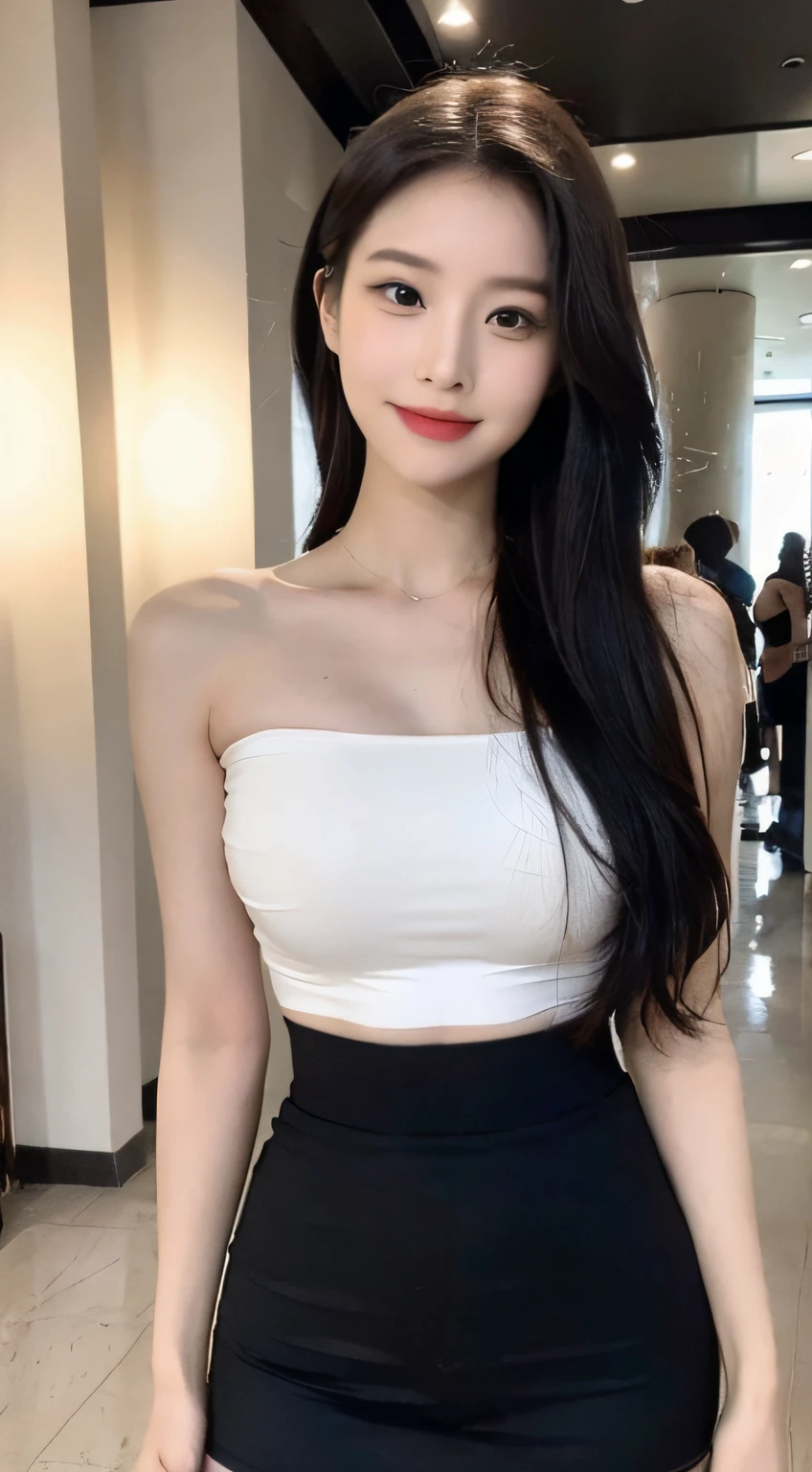 A girl around 35 years old,simplicity,Extremely beautiful and delicate,(light make-up),black color hair,A sweet smile,Delicate and beautiful fair skin,Realistic and realistic,exquisite and complete facial features,Detailed depiction of the face,tall nose bridge,Red lips,Beautiful, gentle and beautiful girl,Smooth hair,Extremely delicate hair,Feminine temperament,Fill your face light,hyper realisitc,photorealestic,8K quality,extremy detailed,Realistic details,Works of masters,Realistic to the extreme,big breasts body,Beautiful,Pure desire,Stunning beauty,Peerless beauty,Highest image quality,8K分辨率,goddes,ssmile,Fine facial features,Hair over the shoulder,A brown-haired,Large long thick legs,(((High-waisted French top))),(((short skirt))),rays of sunshine,facing at camera,The body is well-proportioned and firm,Gentle eyes,exposing thighs,stand posture,Stand inside the mall,Full body photo