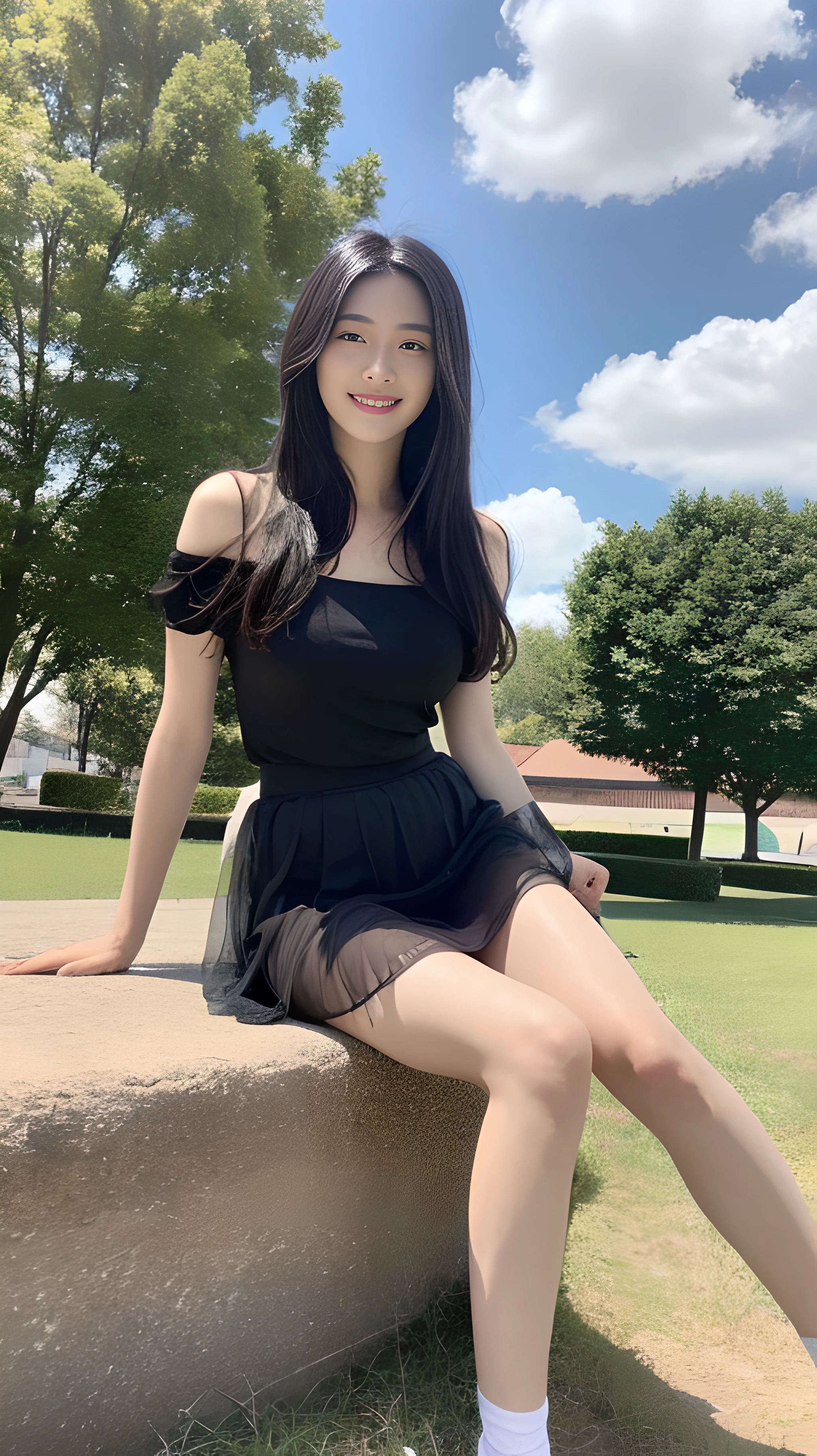 A nice and cute girl，Full body photo，Extremely beautiful and delicate，Black color hair，A sweet smile，Delicate and beautiful fair skin，Realistic and realistic，exquisite and complete facial features，Detailed depiction of the face，tall nose bridge，Smooth hair，extremely detail hair，Feminine temperament，Fill your face light，Tall and tall，Thin，Realiy，Hyper-realism，full body shot shot，Forward tilt angle,Extreme picture quality,Highest precision,Precise and perfect human anatomy。with blue sky and white clouds，Sitting on the Steppe，with blue sky and white clouds，rays of sunshine，cattle and sheep，(Chiffon skirt) are clearly visible. telephoto shot，Express the landscape，Highlight portrait。