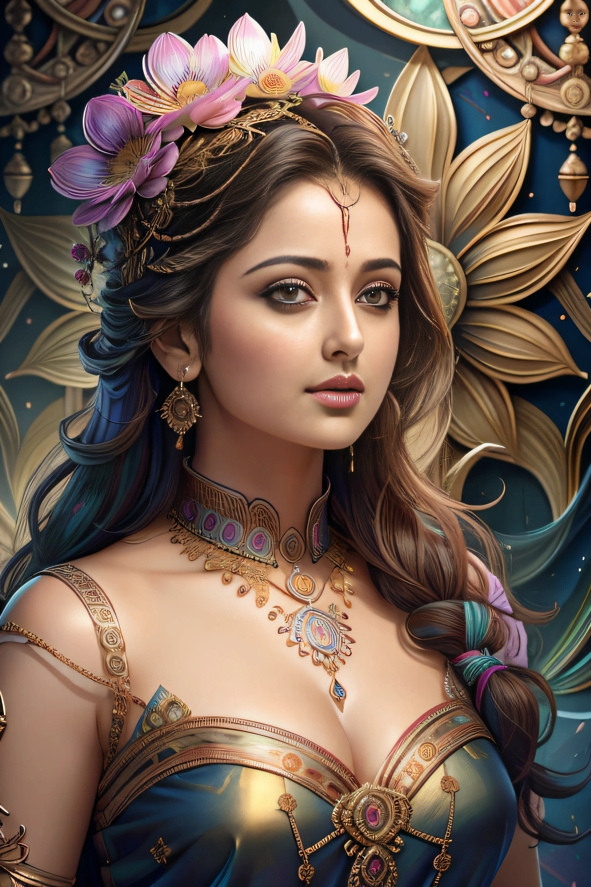 (Masterpiece, Top Quality, Best Quality, Official Art, Beautiful and Aesthetic: 1.2), face of south indian actress anushka shetty, (1 Flower), Upper Body, Extremely Detailed, (Fractal Art: 1.3), Colorful, Most Detailed