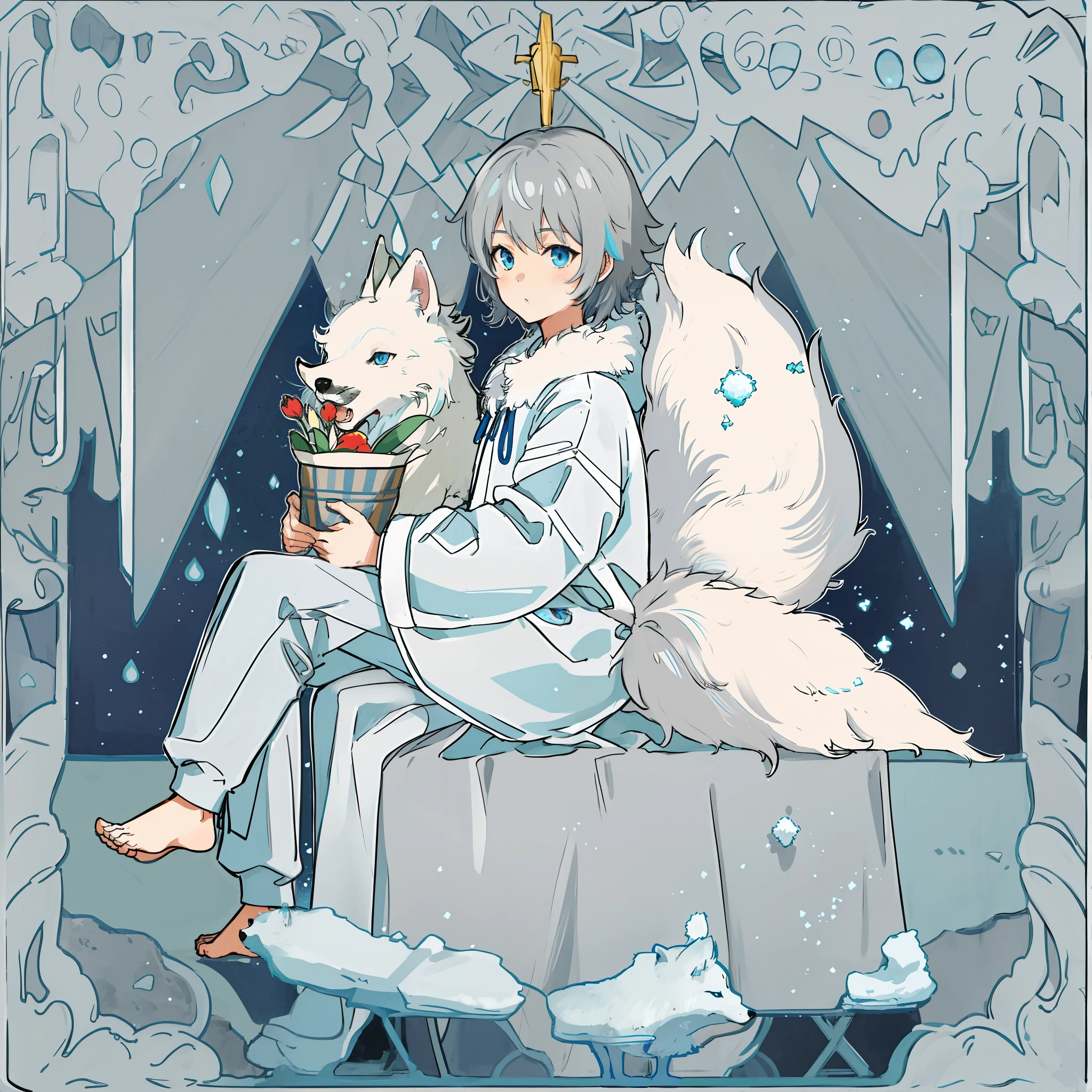 独奏，shaggy，Male arctic fox，Blue tail，Gray hair, Blue eyes