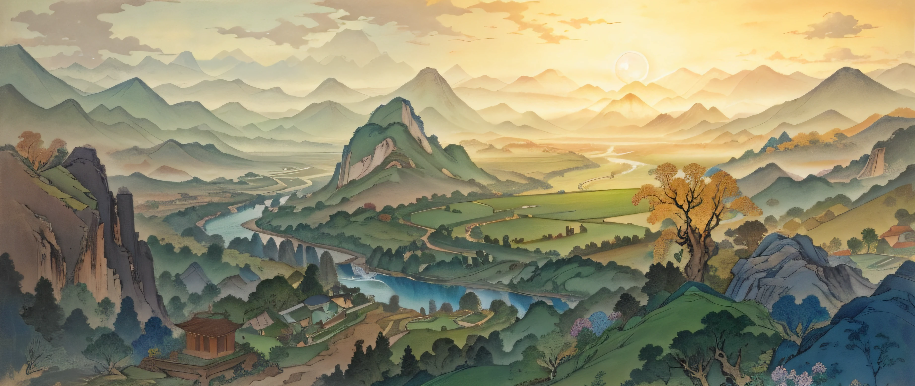 landscape painting,The ancients revered the beauty of nature,Depicting mountains and rivers,Trees, flowers and plants,Sunset,It expresses the concept of harmonious coexistence between man and nature,I hope to produce a perfectly captivating landscape painting,Please author with a stable diffusion model。
