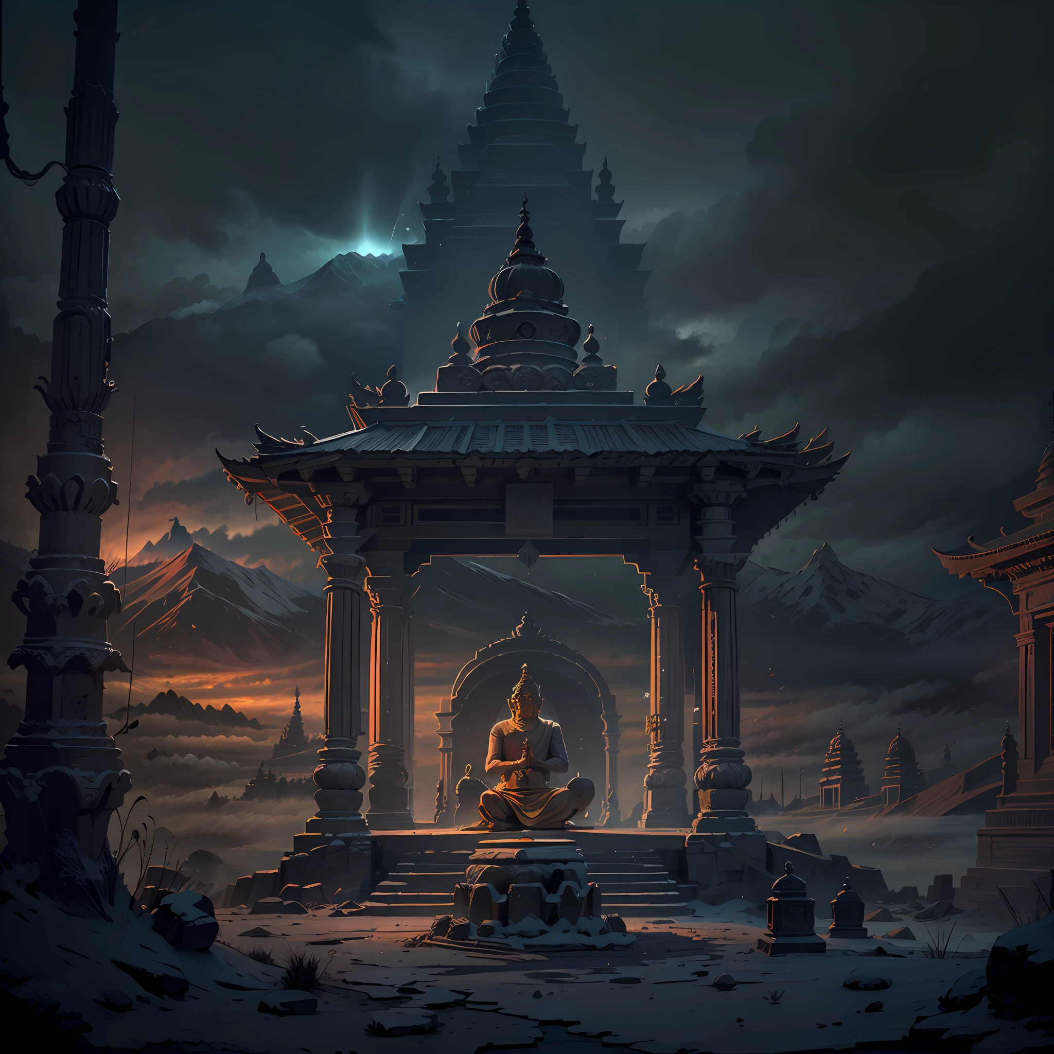 Film frame of Majestic temple in an indian mountain village with Indian monk in meditatiing in front of temple),  temple has influences of buddhism and  hinduism,dramatic
lighting, moody, misty