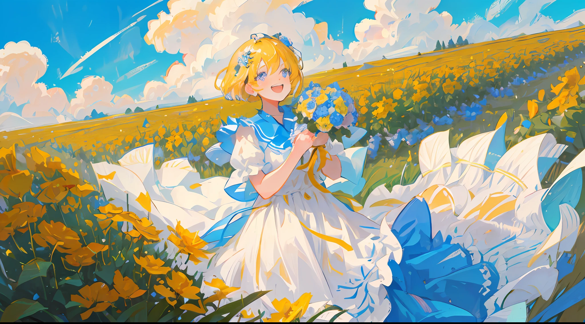 1girl, beautiful eye, bright smile, marigold, sunny blue, girl with bouquet, joyous and hopeful eyes, sunlight golden hair, fluffy short cut, short, sunny blue eyes, holding a bouquet high with both hands, amidst a flower field, clear blue sky, wearing a light summer dress that sways with the breeze, her laughter carrying on the wind, golden hair shining under the bright sun, flowers of various colors surrounding her, looking up at the blue sky with flowers raised high in her hands, a moment of pure joy and celebration,