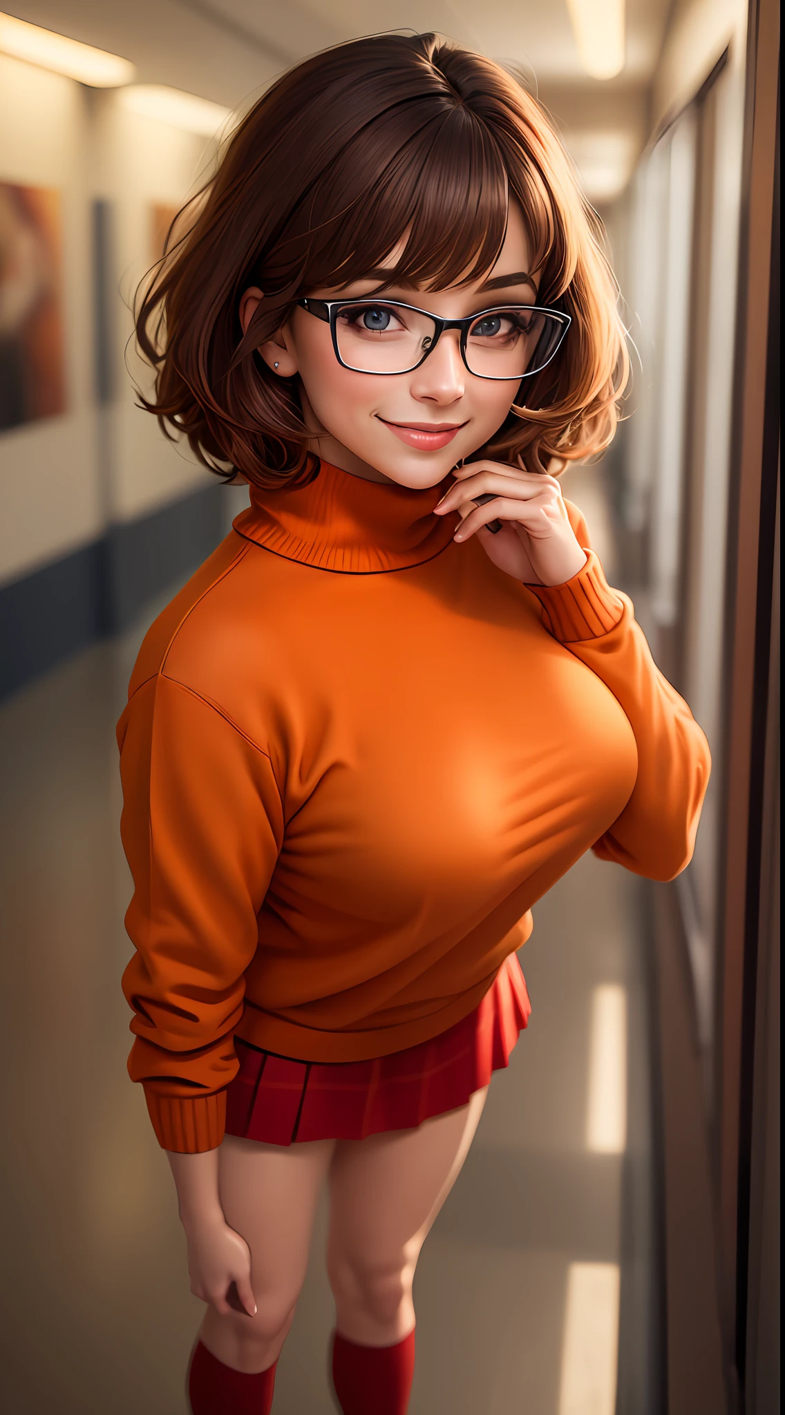 masterpiece, depth of field, photorealistic, absurdres, best quality, 8k, best quality, 1girl, female, young, portrait, perfect lighting,  cinematic lighting,  looking at viewer, velma dace dinkley, (perfect body), solo, blush, breasts, brown eyes, (dark brown hair:1.2), glasses, medium breasts, lips, looking at viewer, nose, orange shirt, (orange sweater:1.2), short hair, smile, sweater, (turtleneck:1.2), turtleneck sweater, red skirt, orange socks, (tight clothing), portrait, school, (day:1.2), school hallway, smile, depth of field, happy, magnificant glass