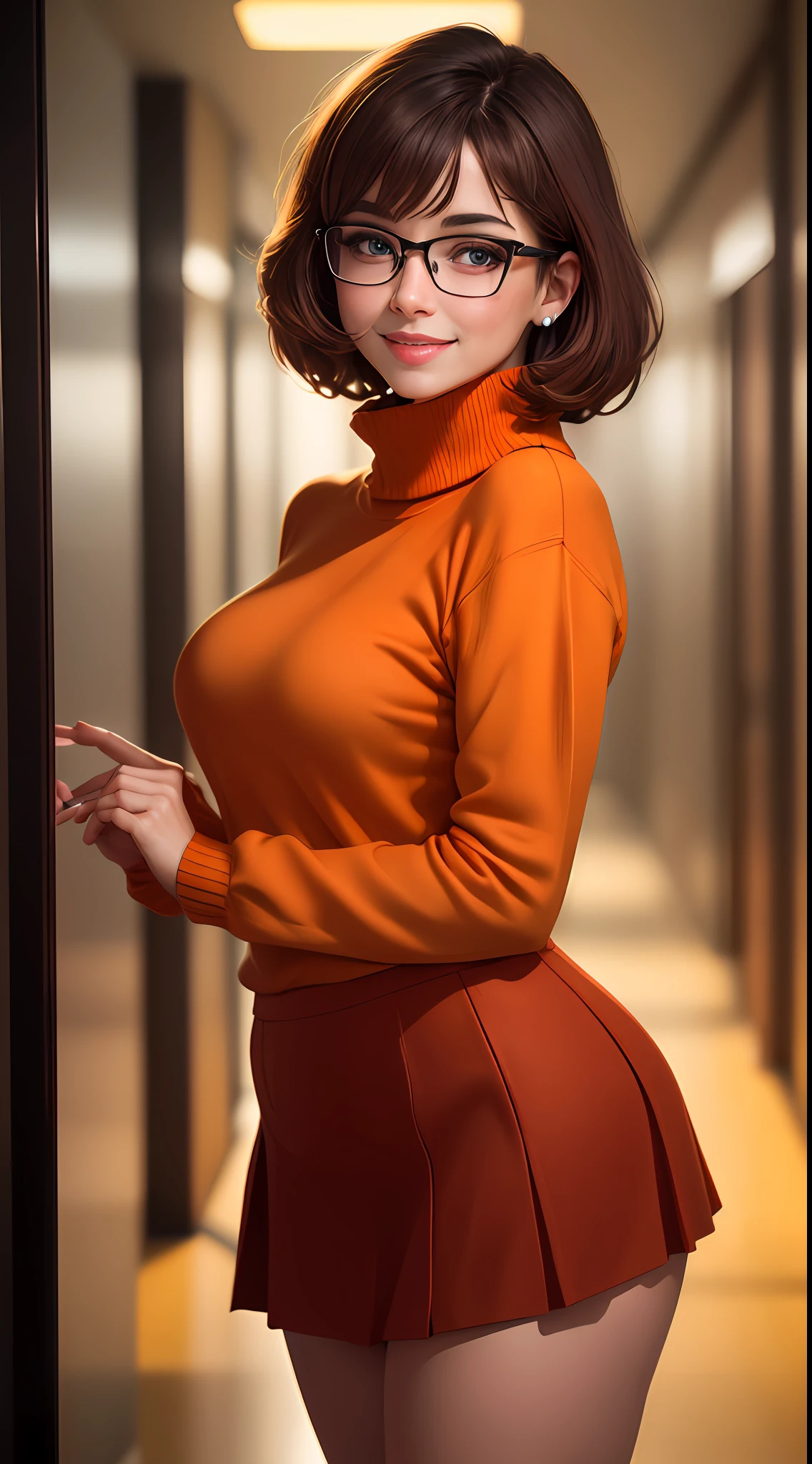 masterpiece, depth of field, photorealistic, absurdres, best quality, 8k, best quality, 1girl, female, young, portrait, perfect lighting,  cinematic lighting,  looking at viewer, velma dace dinkley, (perfect body), solo, blush, breasts, brown eyes, (dark brown hair:1.2), glasses, medium breasts, lips, looking at viewer, nose, orange shirt, (orange sweater:1.2), short hair, smile, sweater, (turtleneck:1.2), turtleneck sweater, red skirt, orange socks, (tight clothing), portrait, school, (day:1.2), school hallway, smile, depth of field, happy, magnificant glass